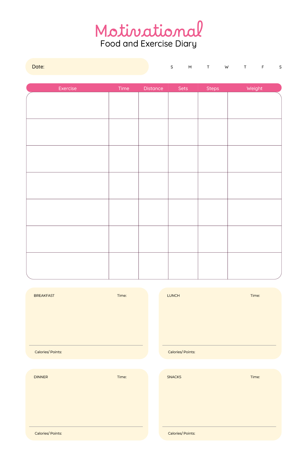 Motivational Food And Exercise Diary