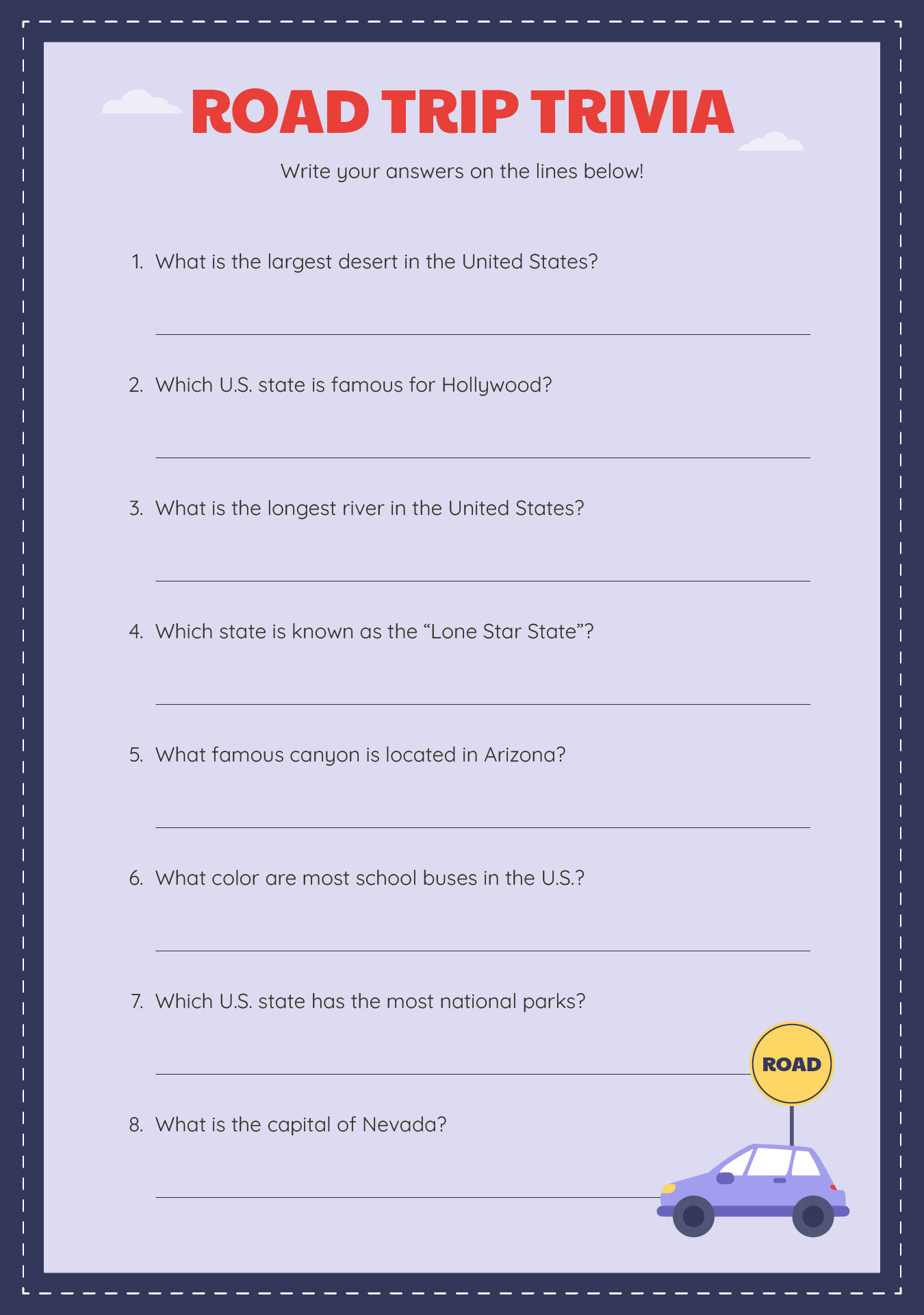 Road Trip Trivia Game Printable