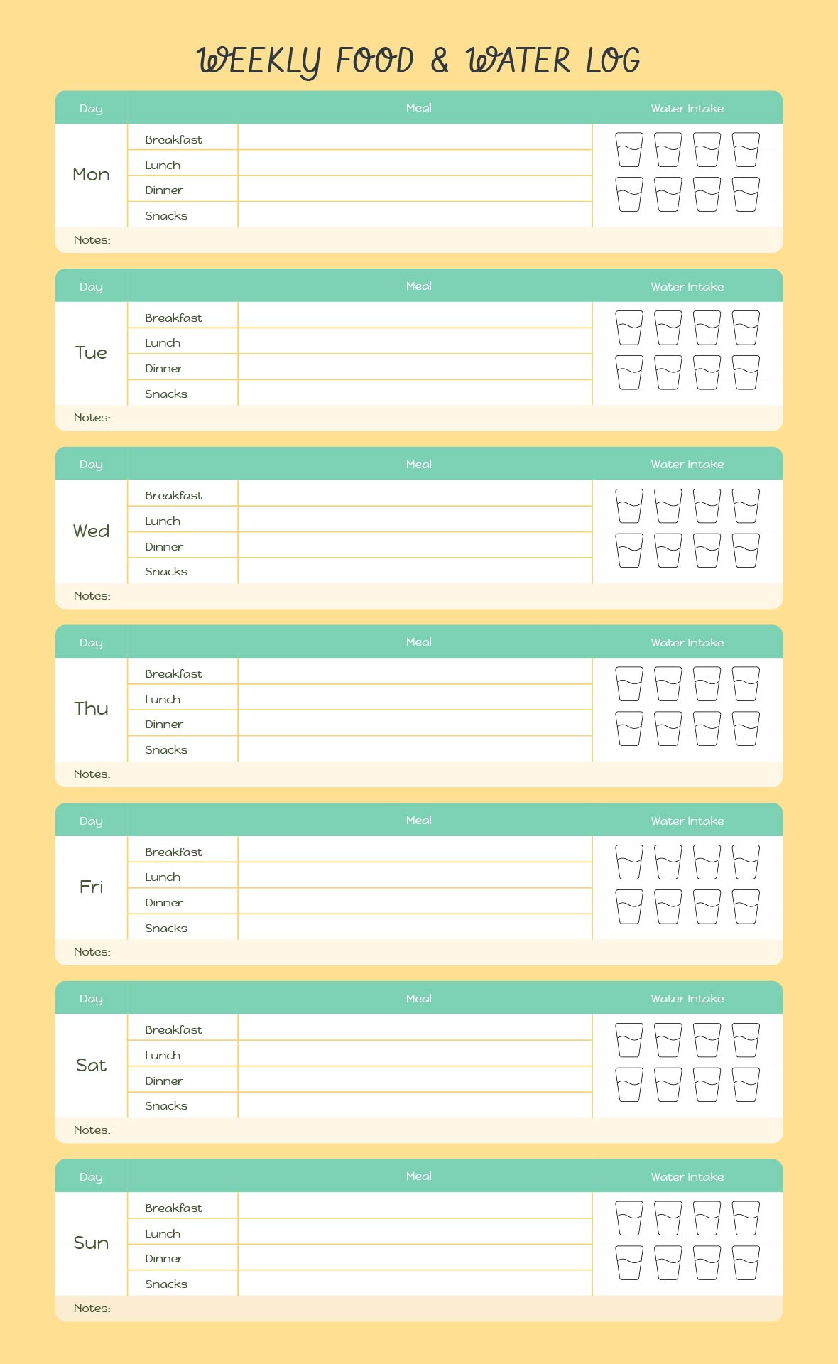 Weekly Student Food And Water Intake Log