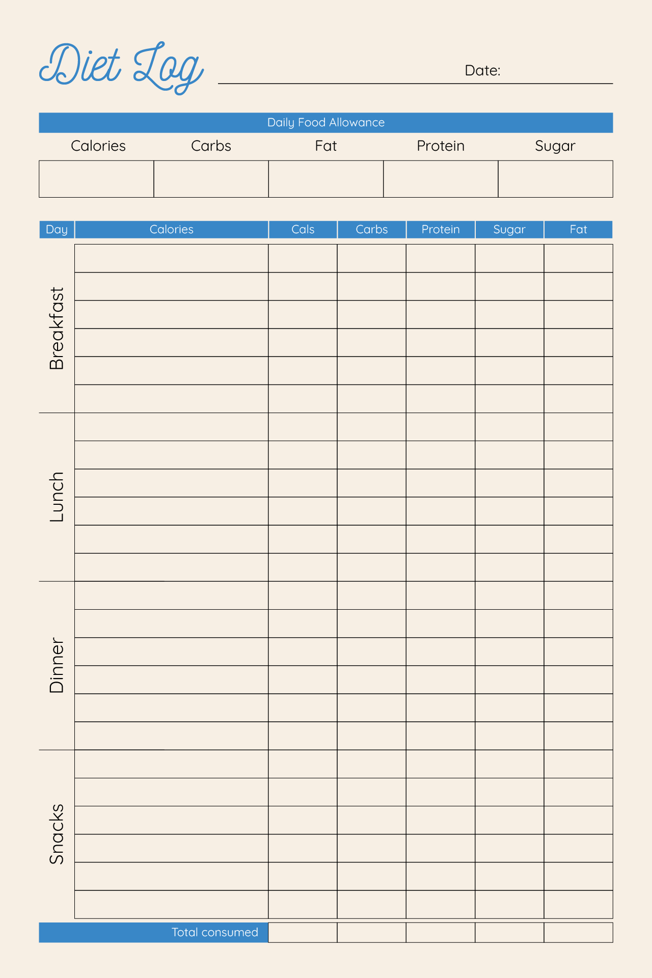 Diet Log Printable Calorie Tracker