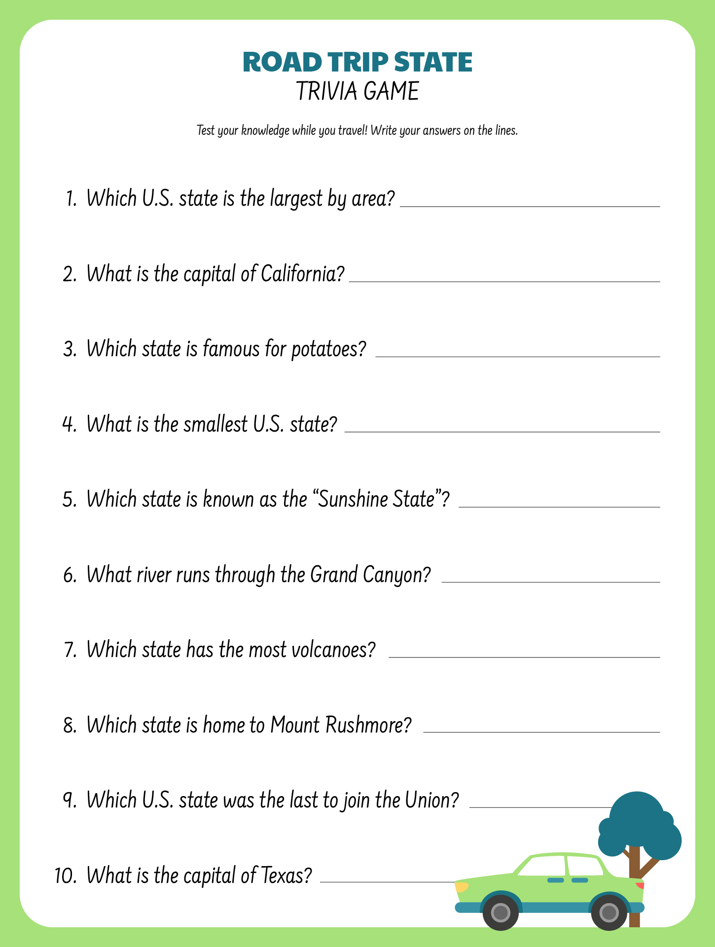 State Trivia Game For Traveling