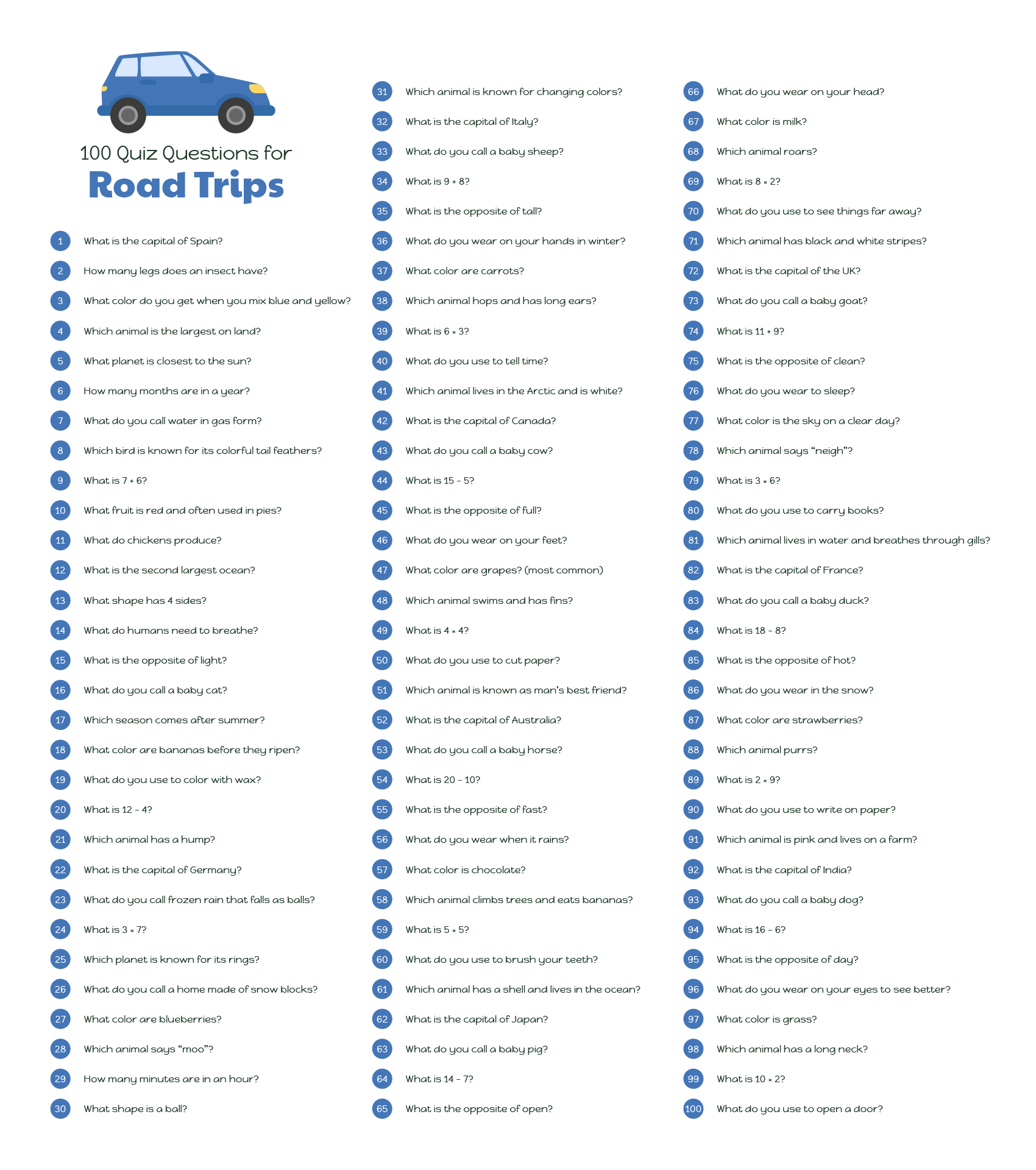 100 Quiz Questions For Road Trips With Kids