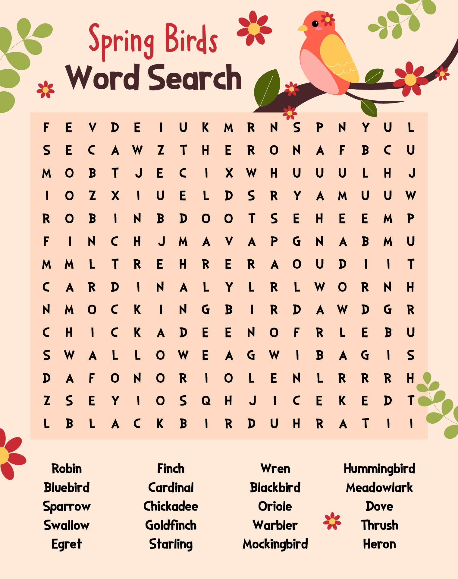 Spring Birds Wordsearch Activity