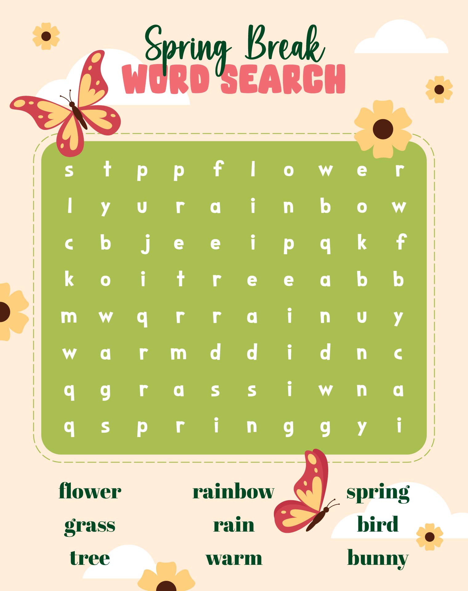 Spring Break Word Search For Kids
