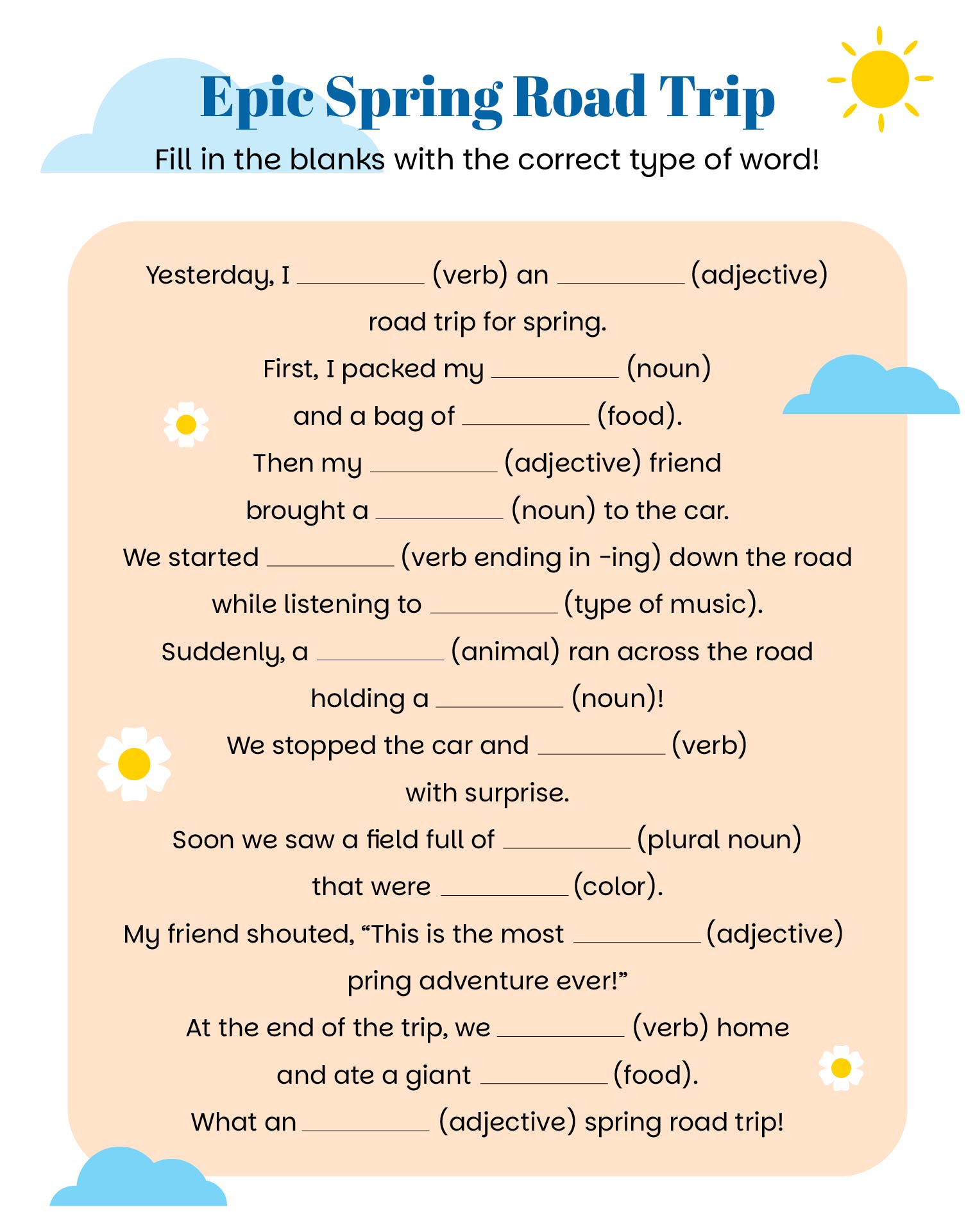 Epic Spring Road Trip Spring Mad Libs