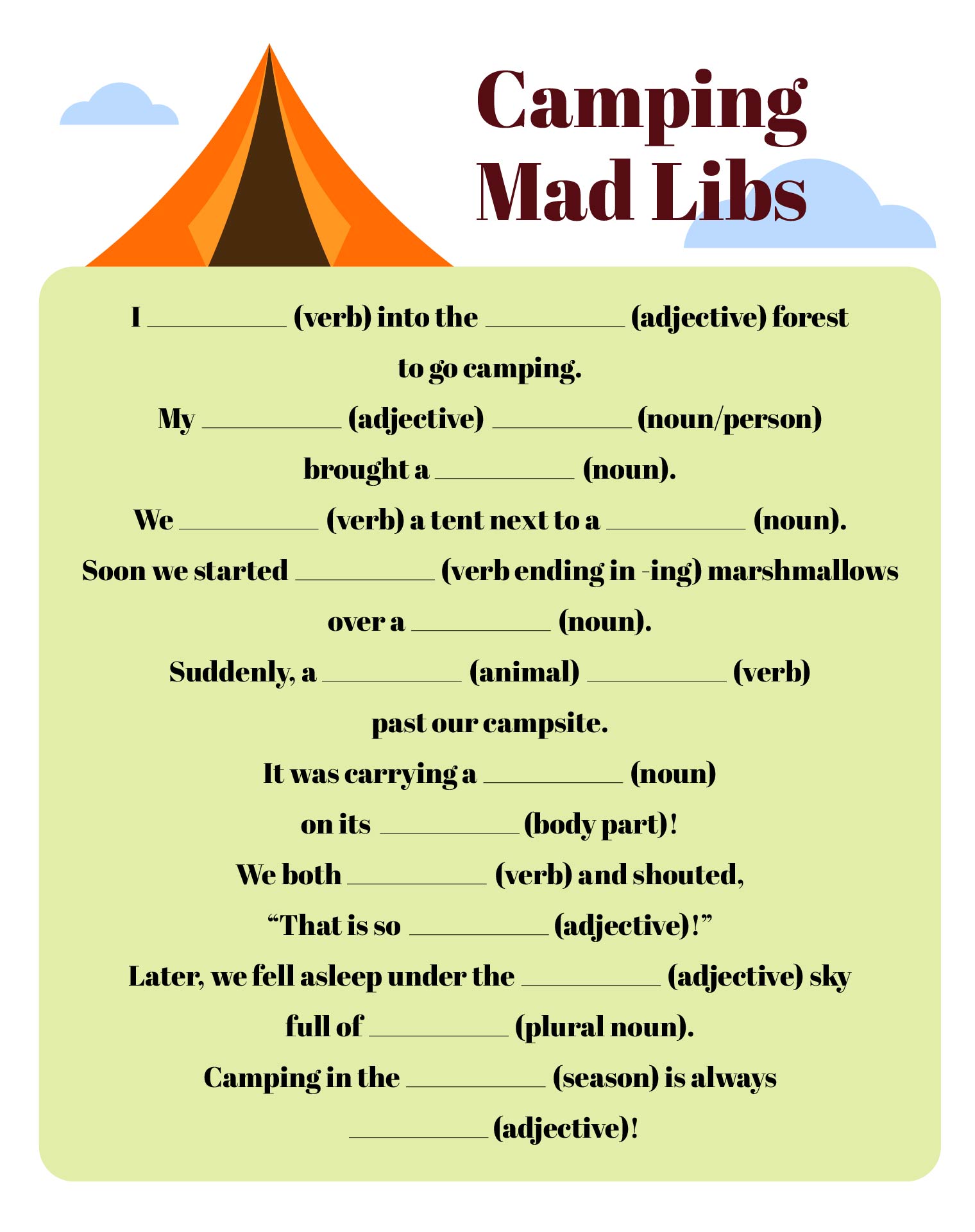 Spring Summer Camping Mad Libs