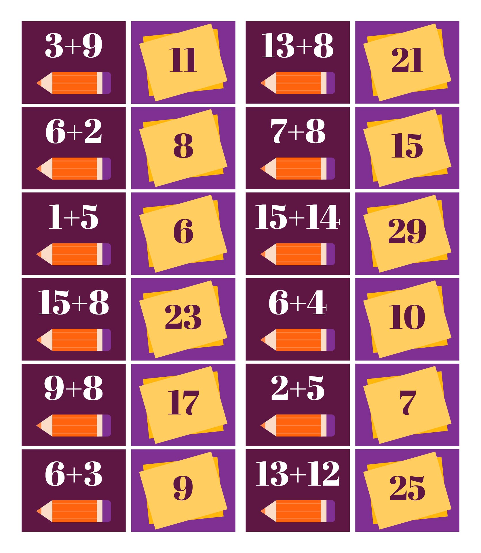 Addition Concentration Memory Game
