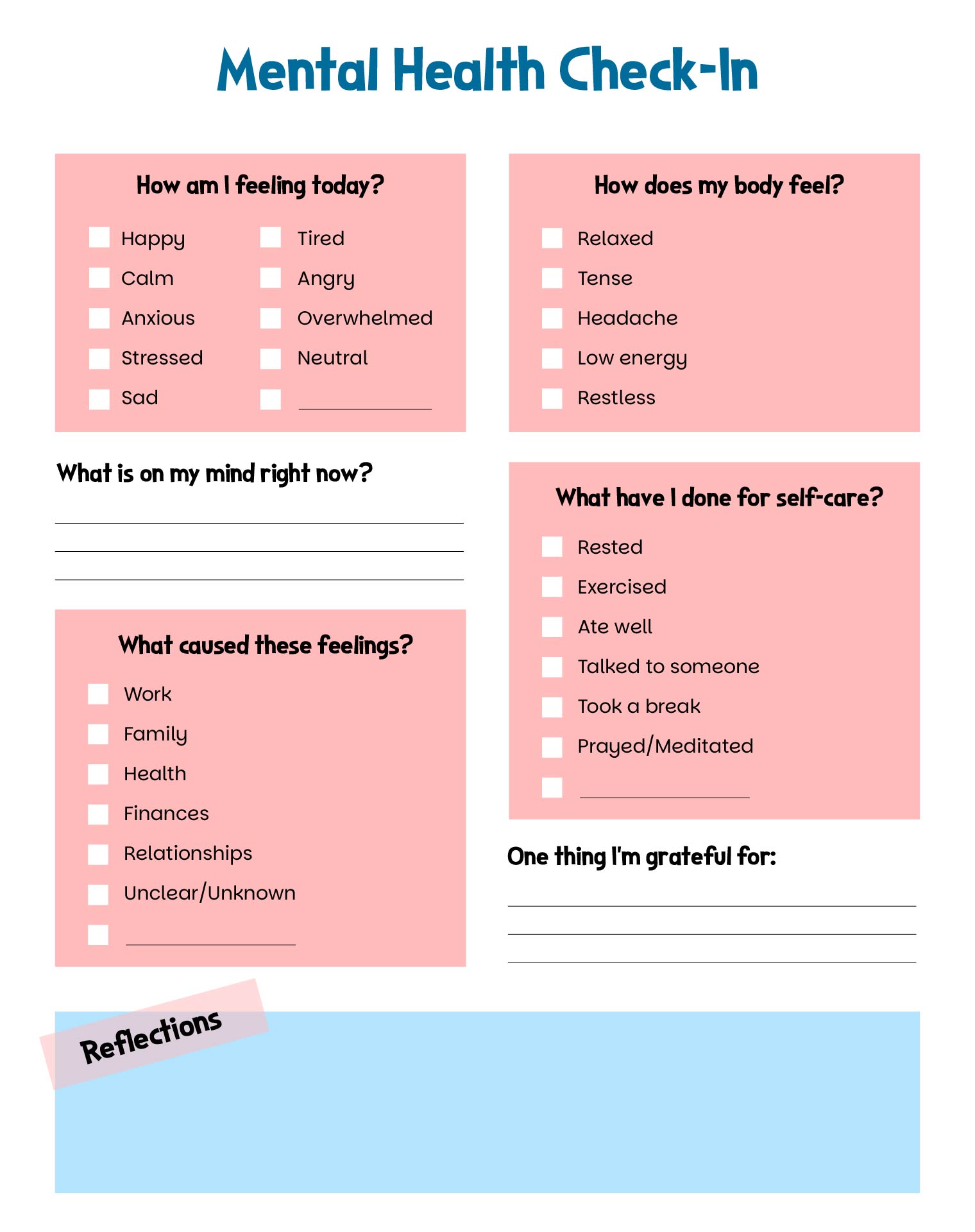 Mental Health Check In Printable For Adults