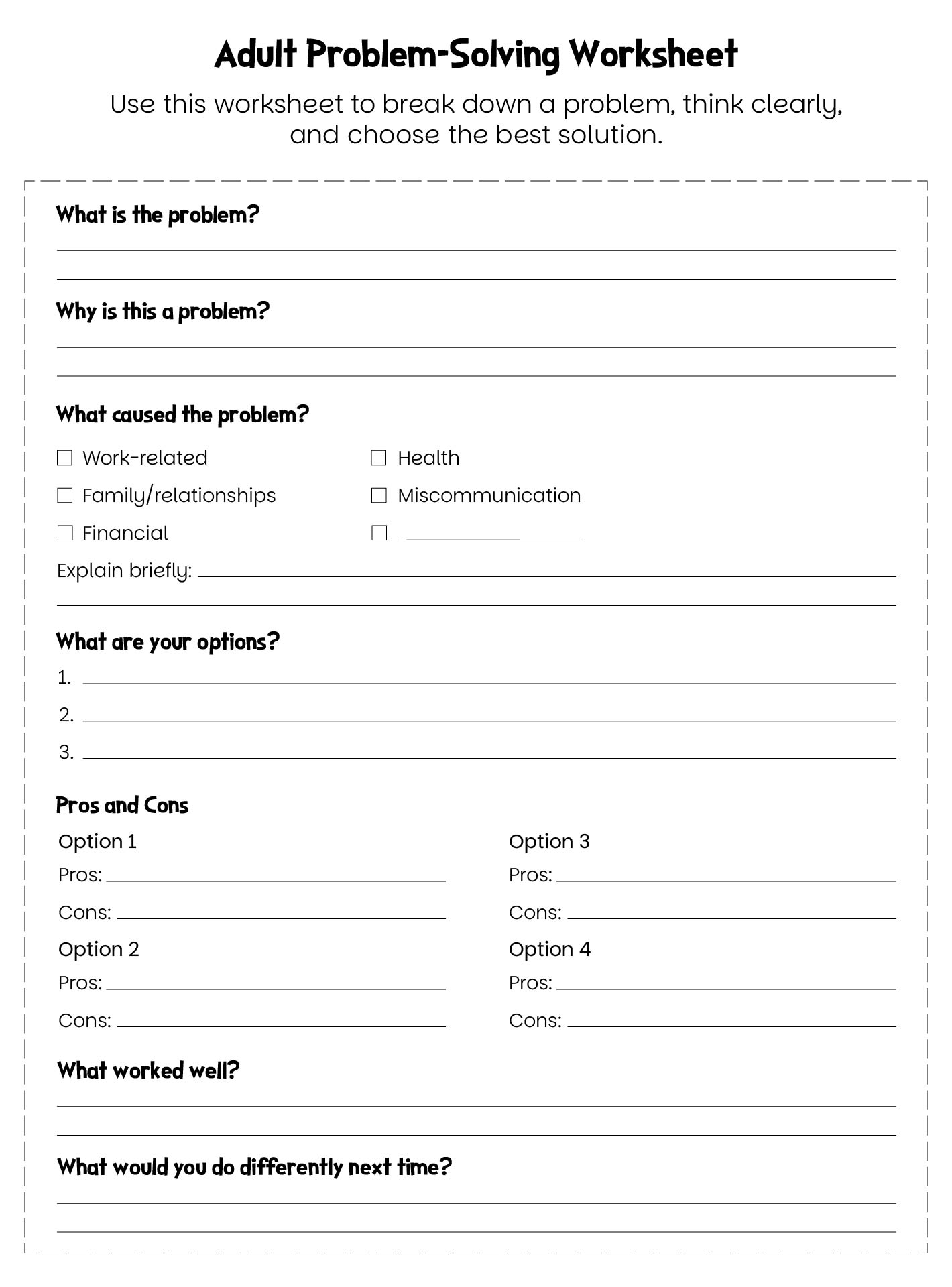Adult Problem Solving Worksheet