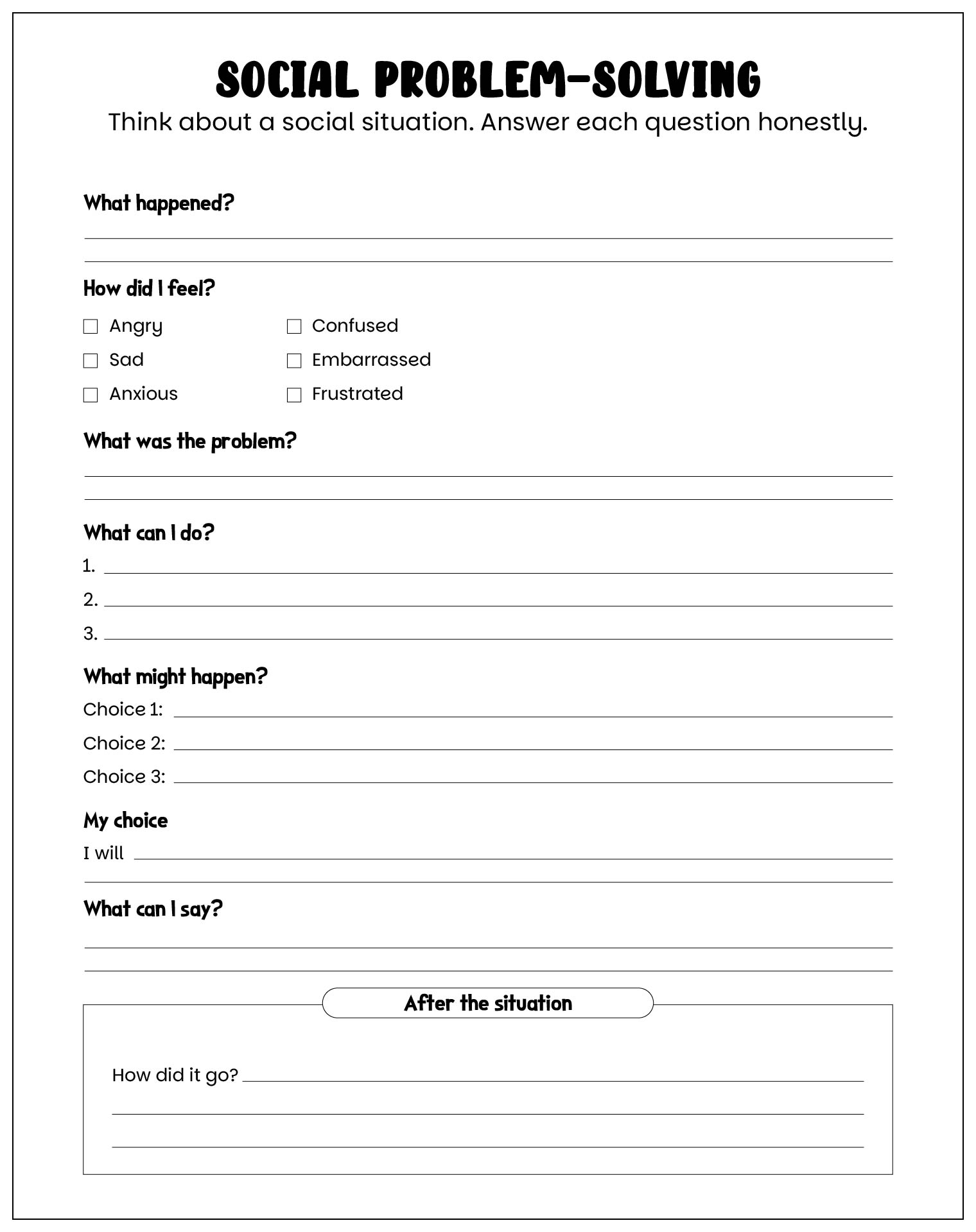 Social Problem Solving Worksheets For Adults