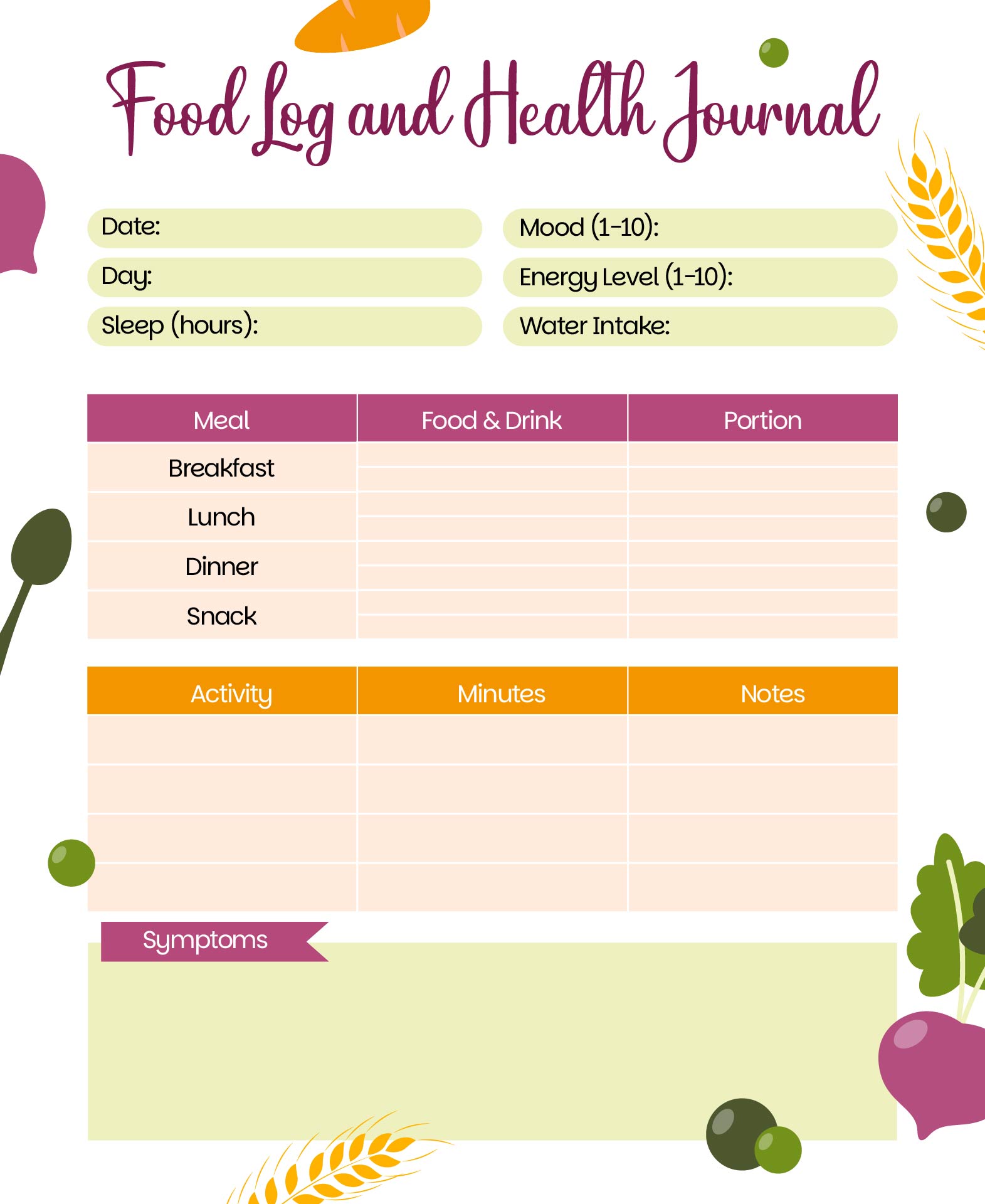 Food Log And Health Journal Template