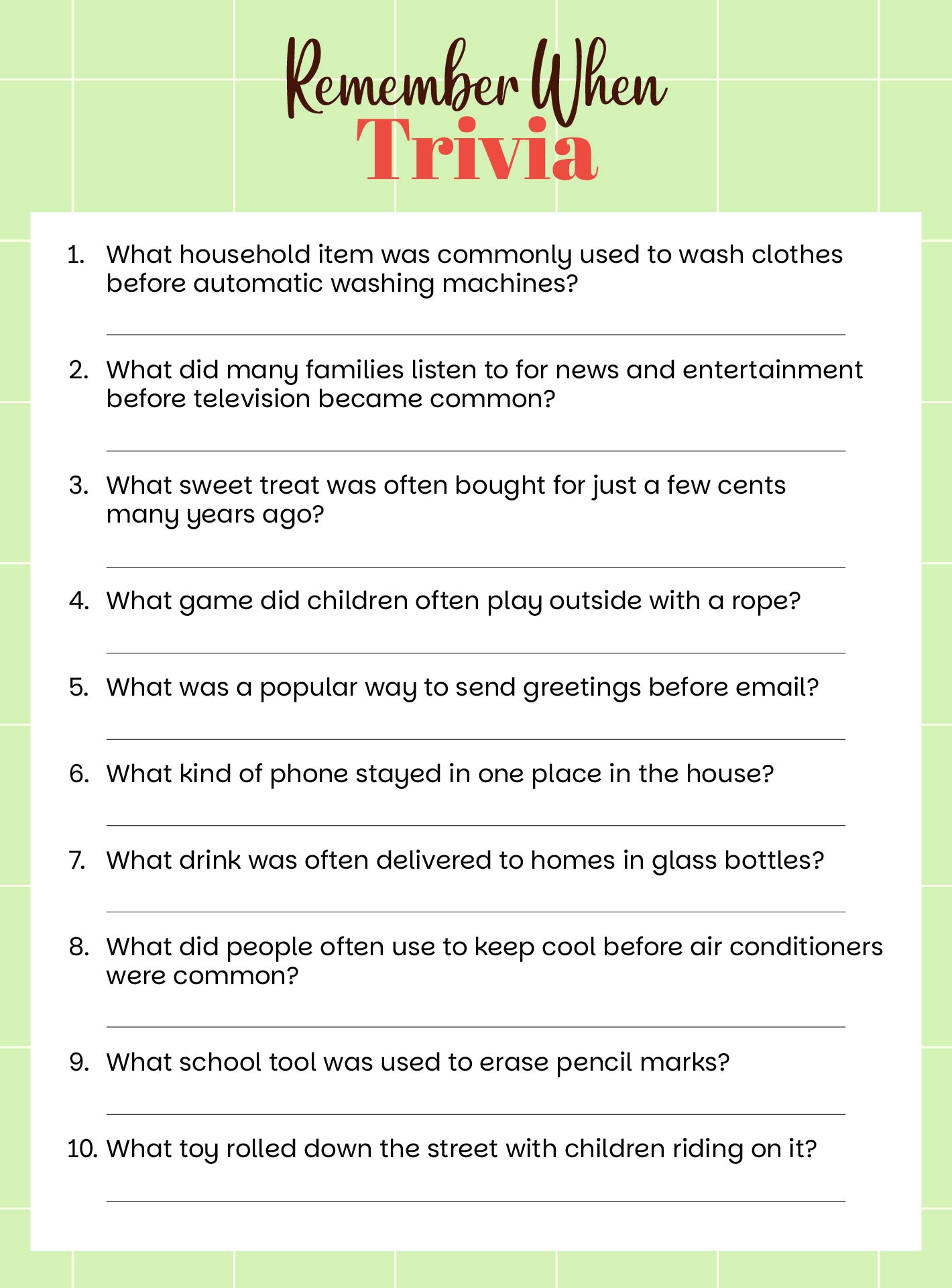 Remember When Trivia For Seniors