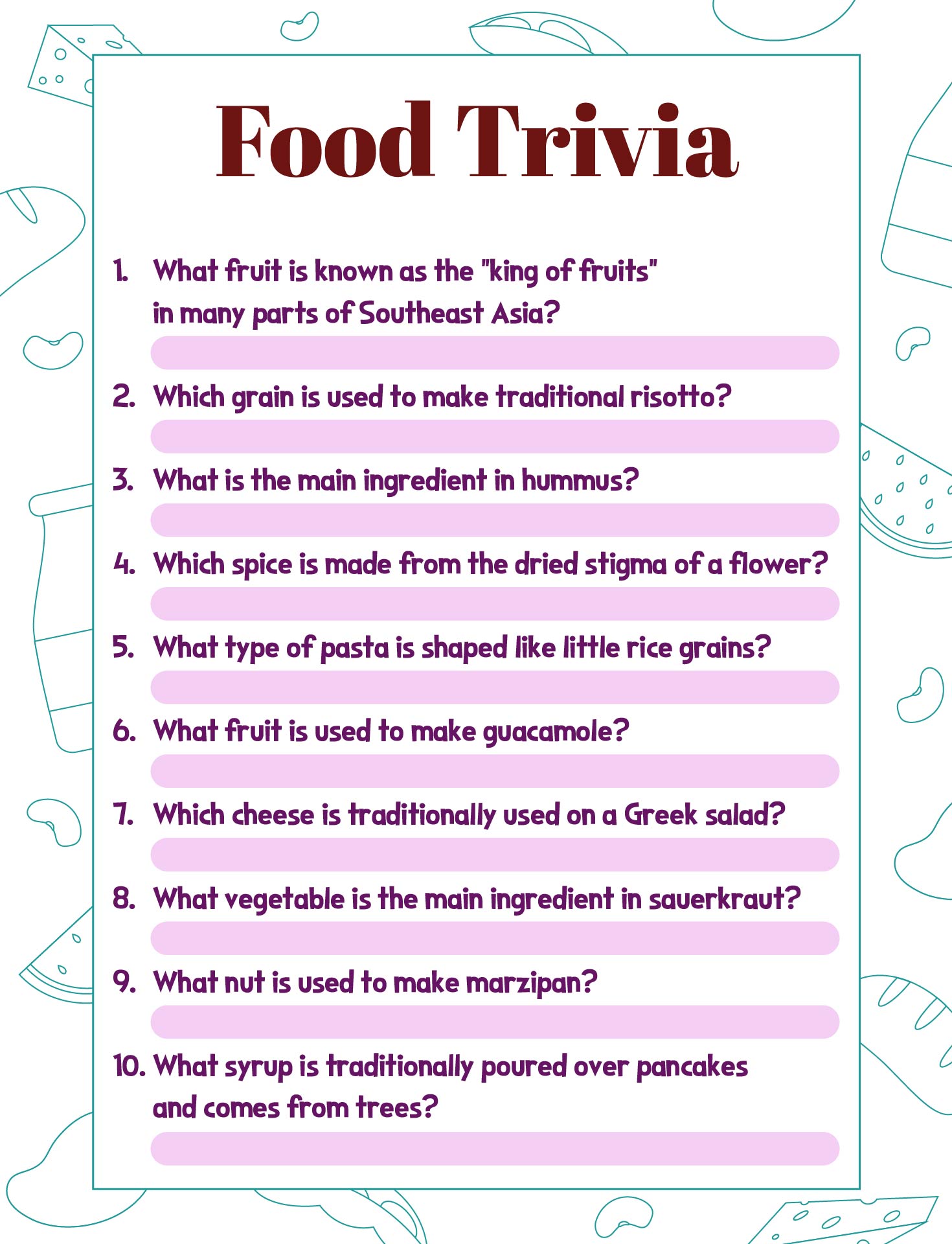 Pub Trivia Food Game Printable