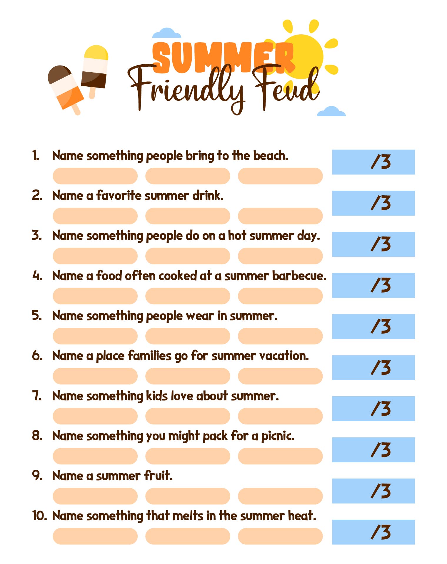 Summer Friendly Feud Trivia Printable Game Adults