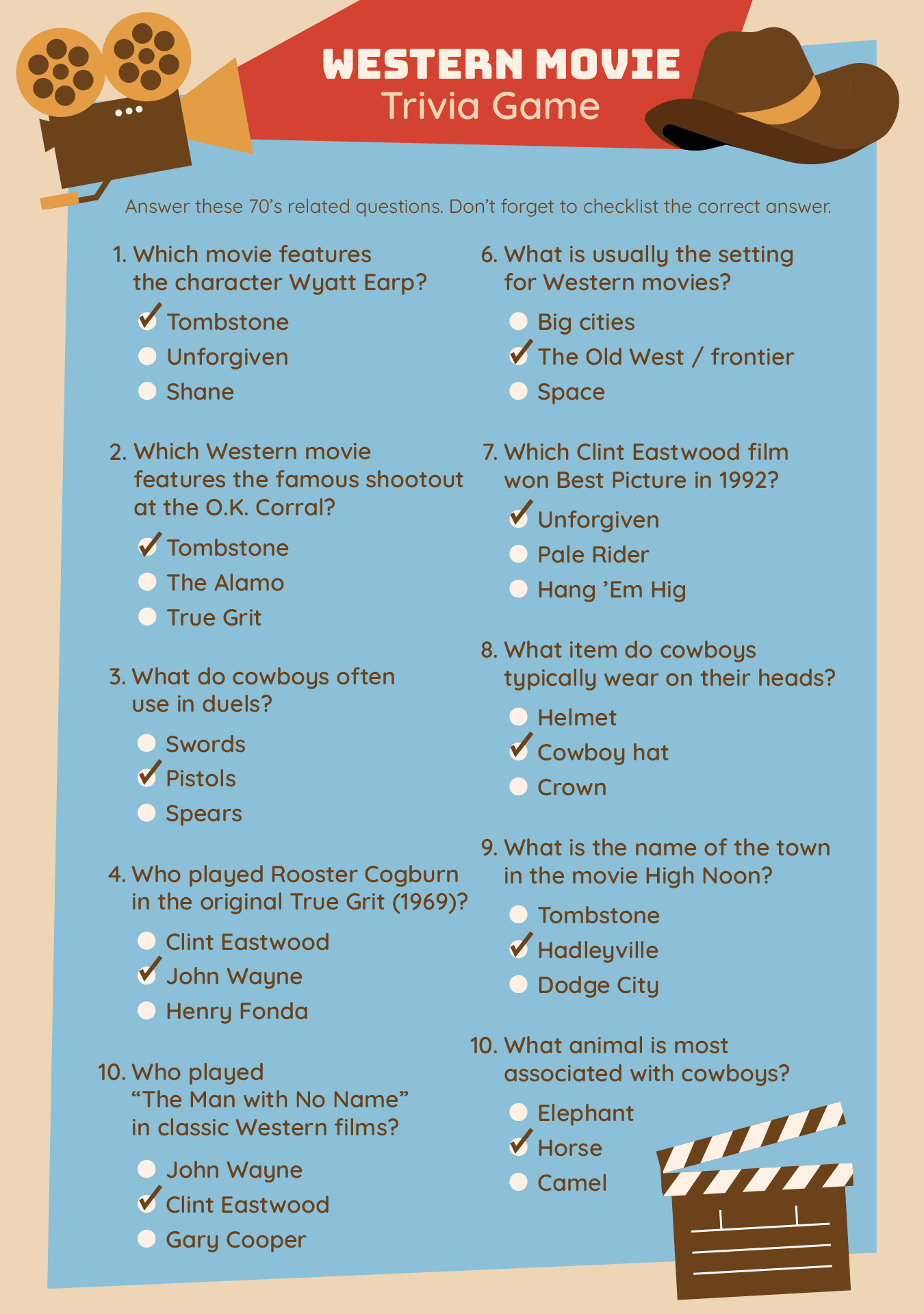 Western Movie Trivia Game Printable