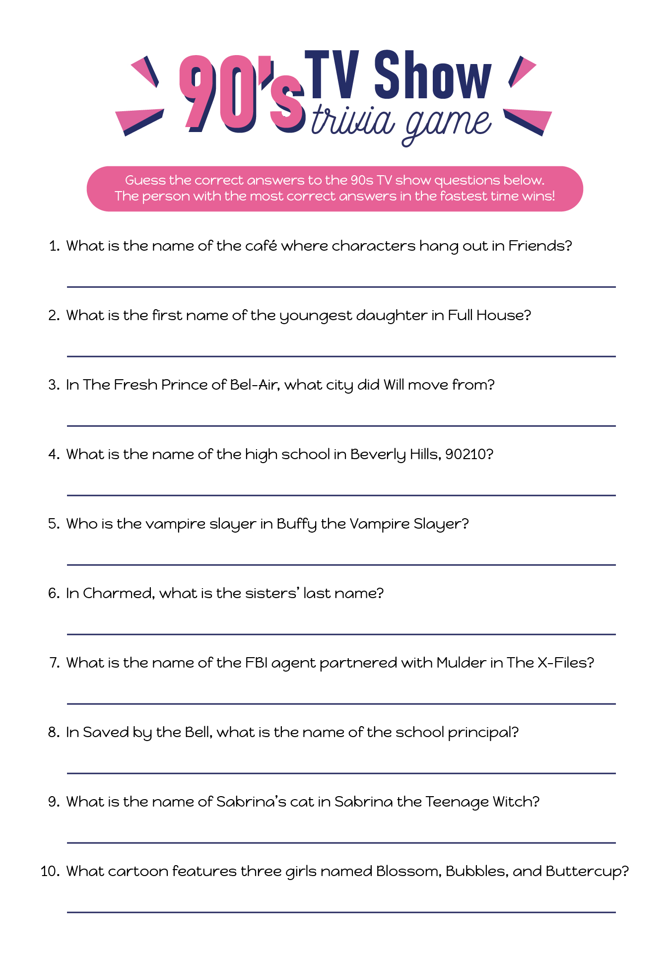 90s Party TV Show Trivia Game Printable