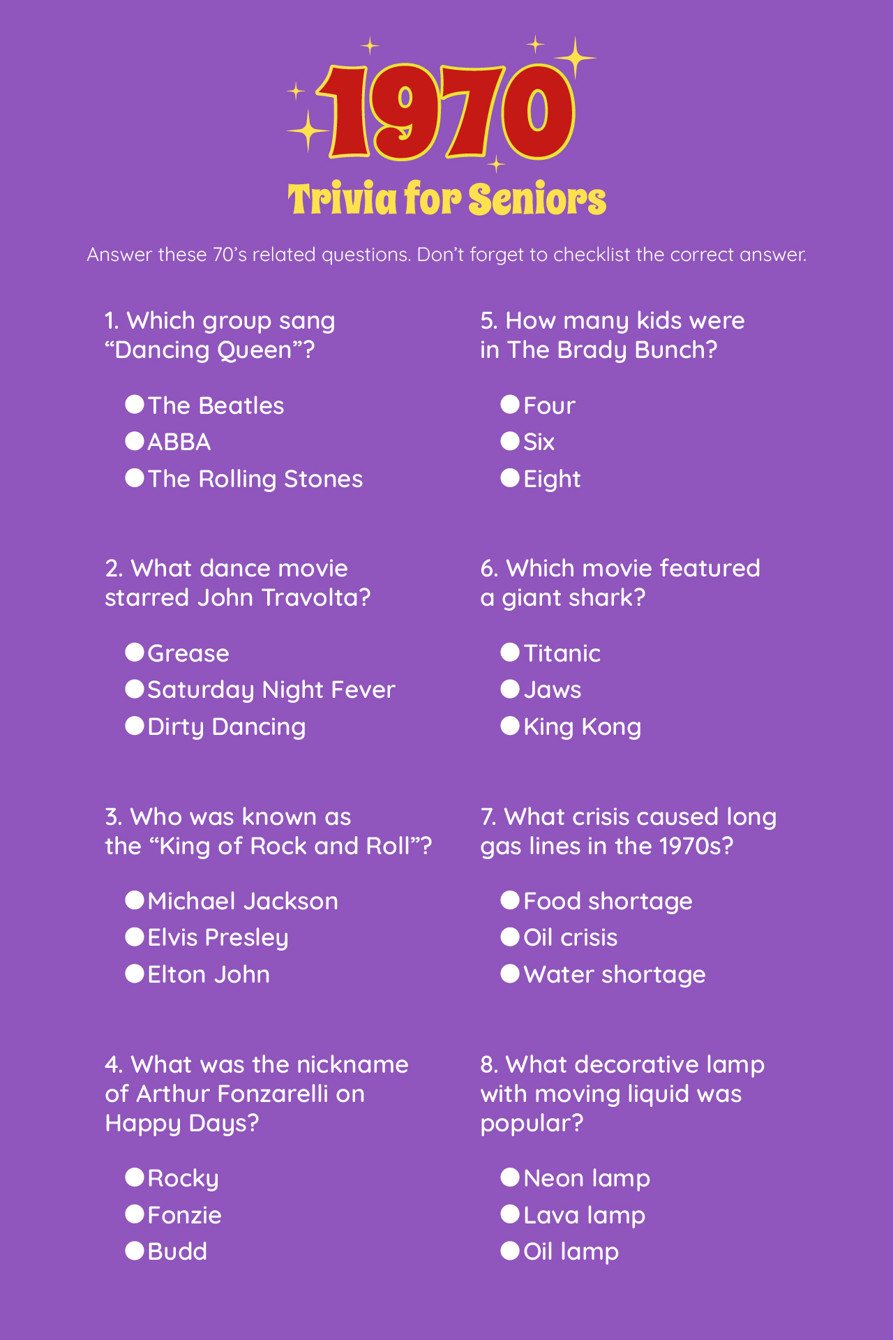 1970s Trivia For Seniors Printable