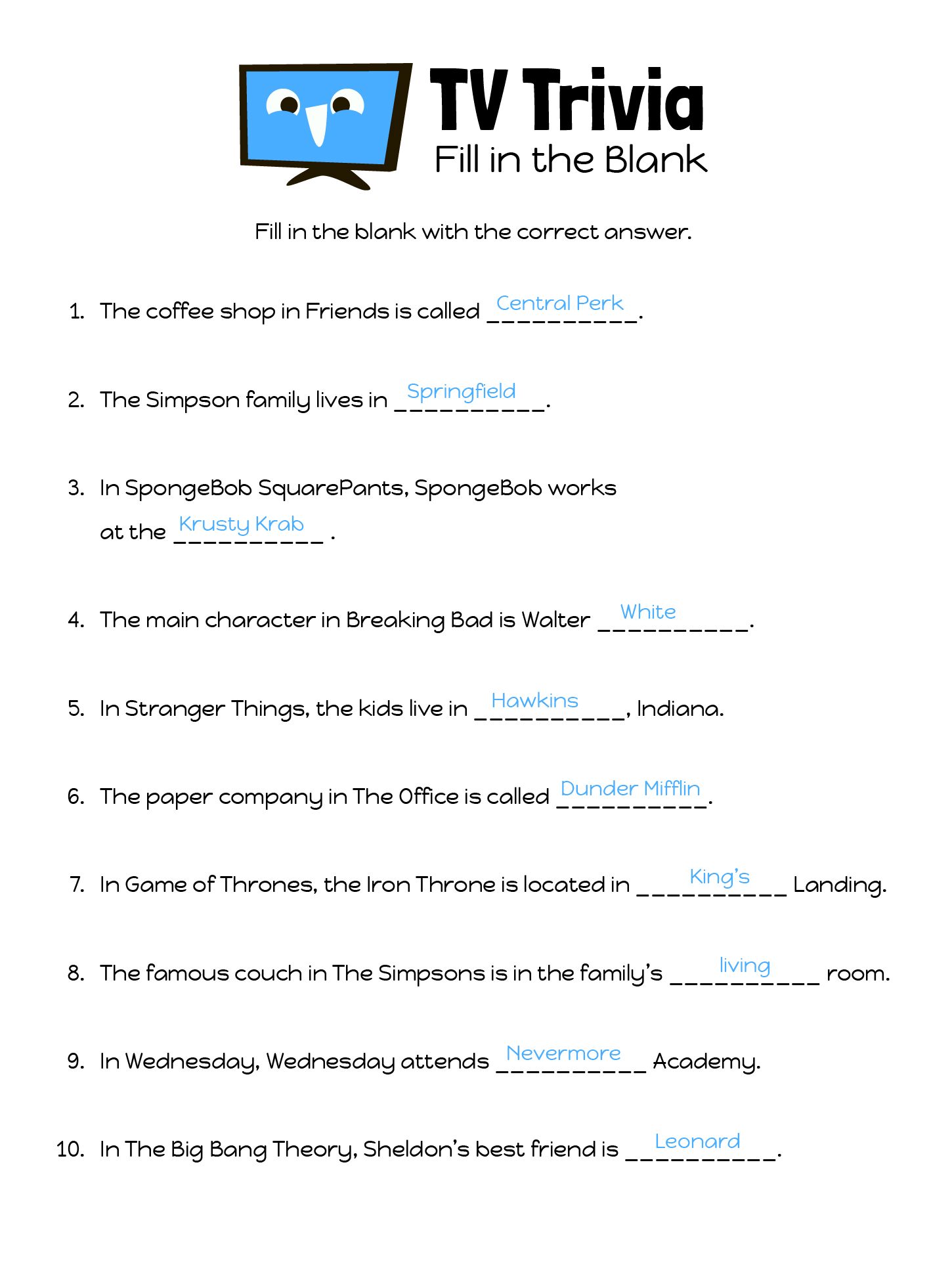 TV Trivia Questions And Answers Printable Game