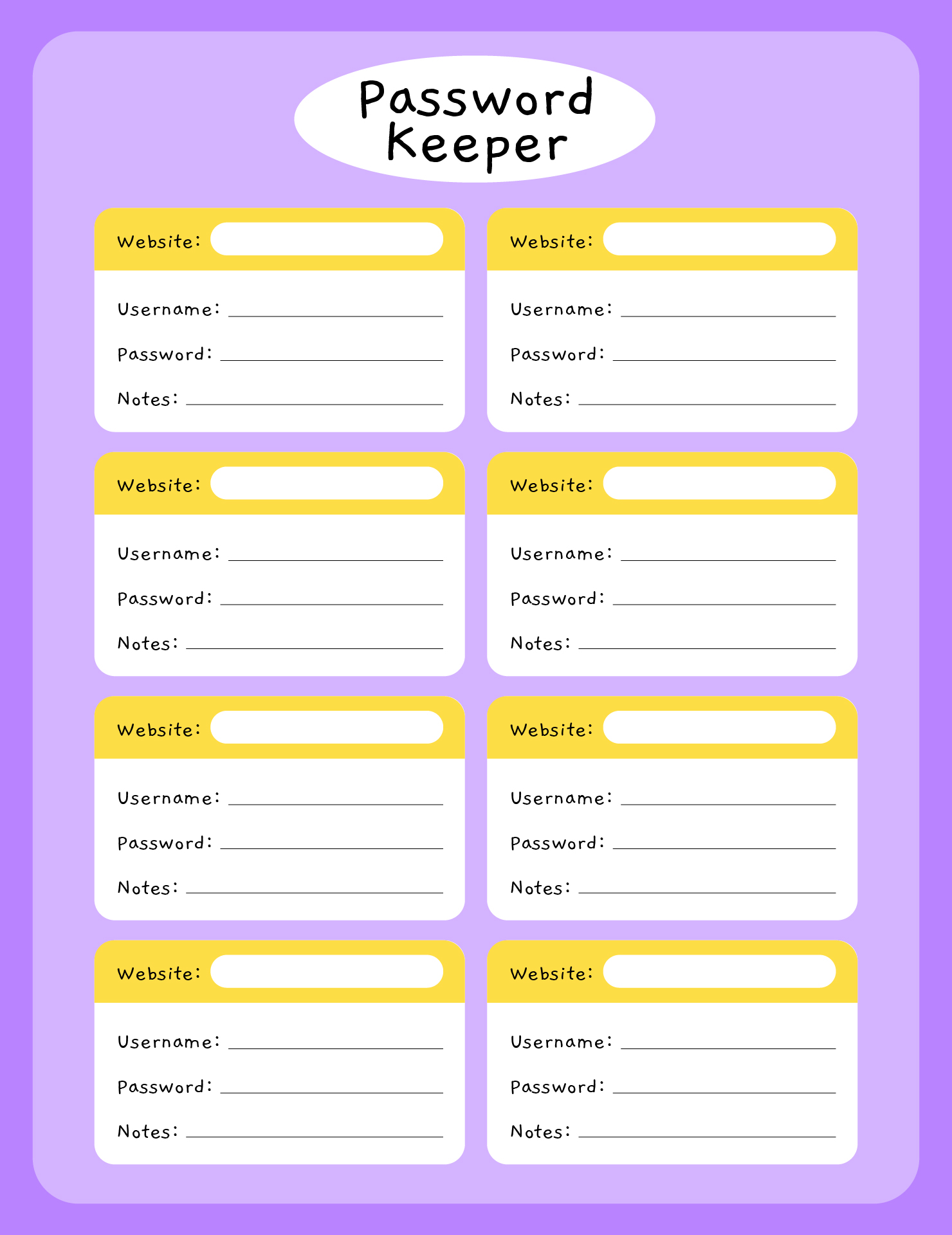 Password Keeper Printable Template