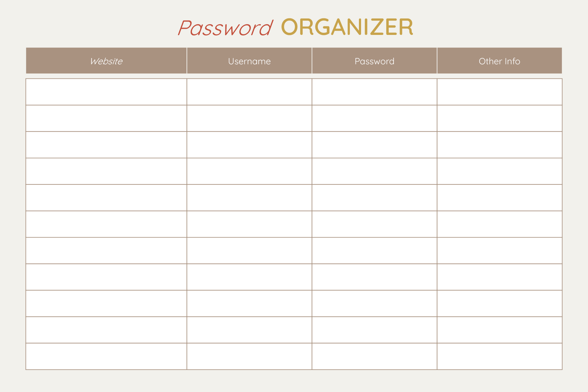 Password List Organizers Template