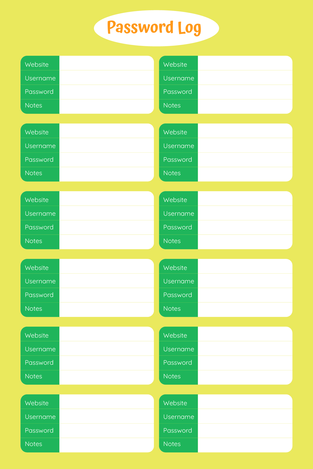 Printable Password Logs And Trackers