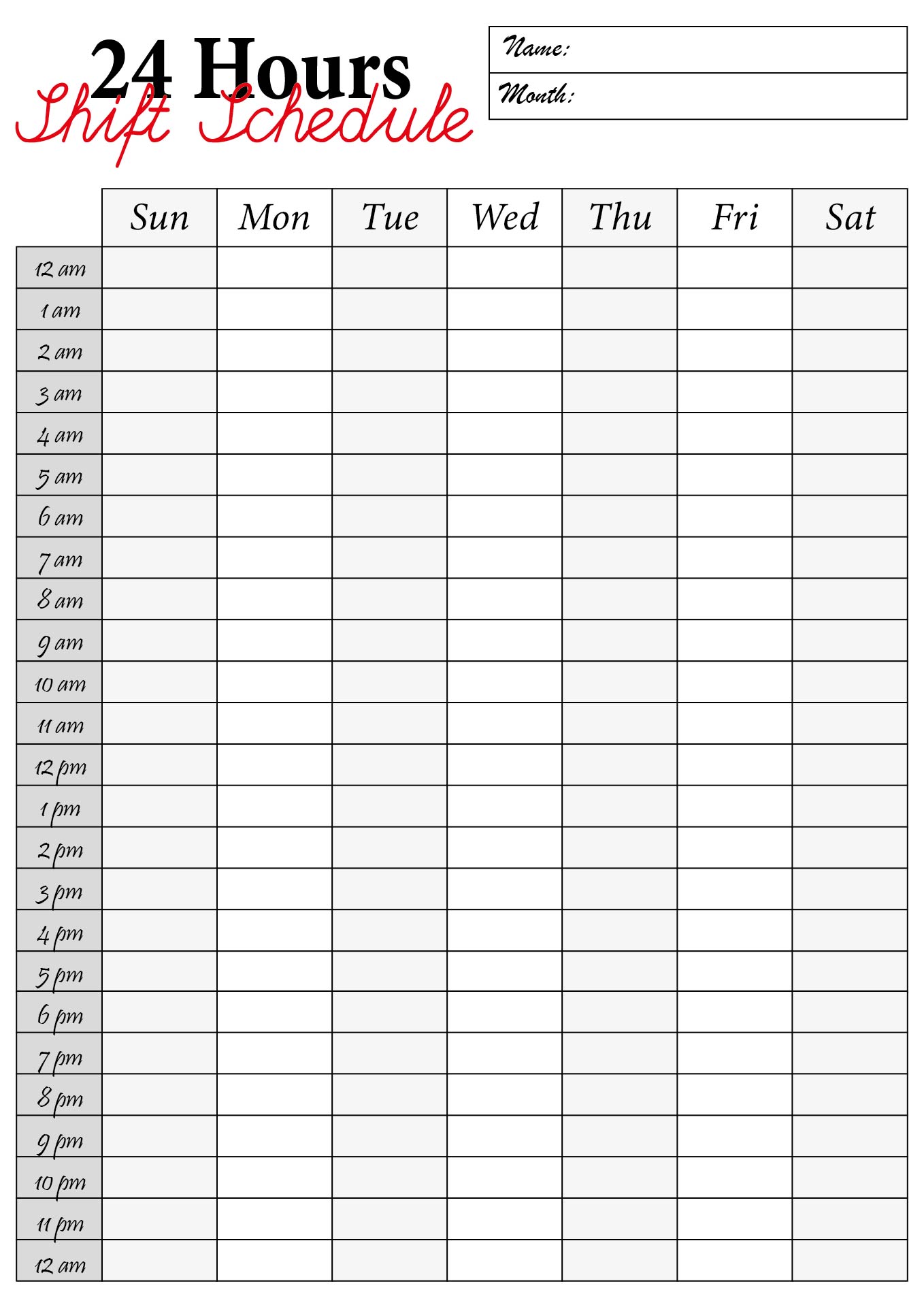 24 Hour Work Shift Calendar Printable