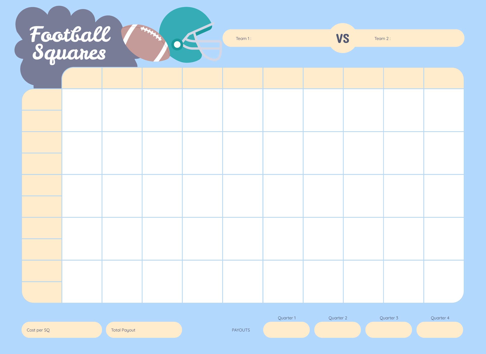 25 Square Football Pool Grid Printable Sheet