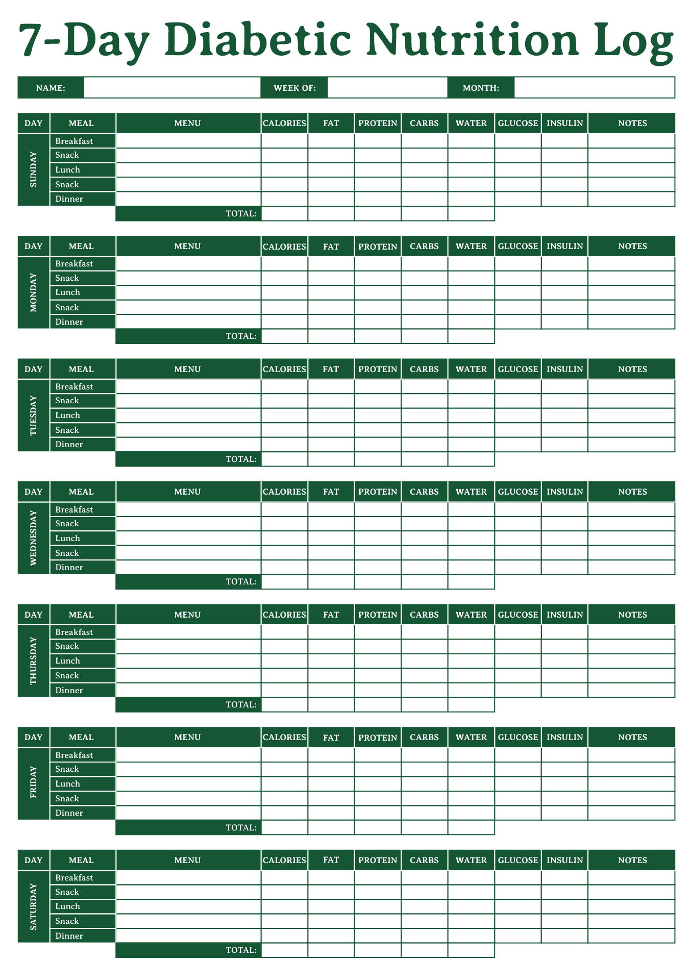 7-Day Diabetic Nutrition Log Printable