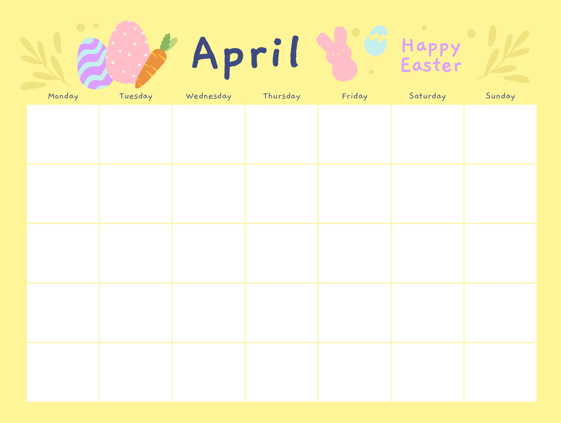 April Easter Sunday Calendar Printable