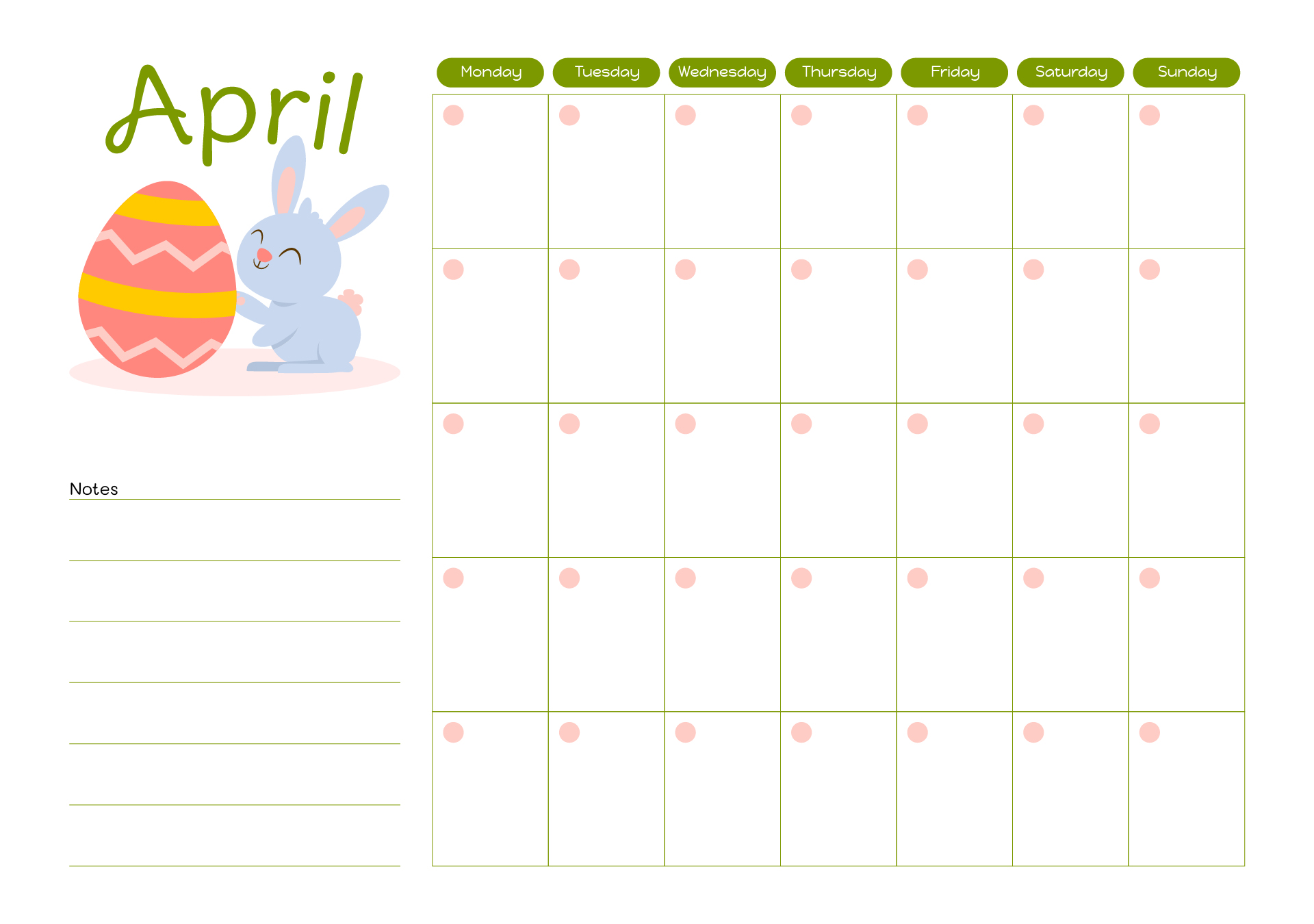 April Spring Easter Calendar Printable