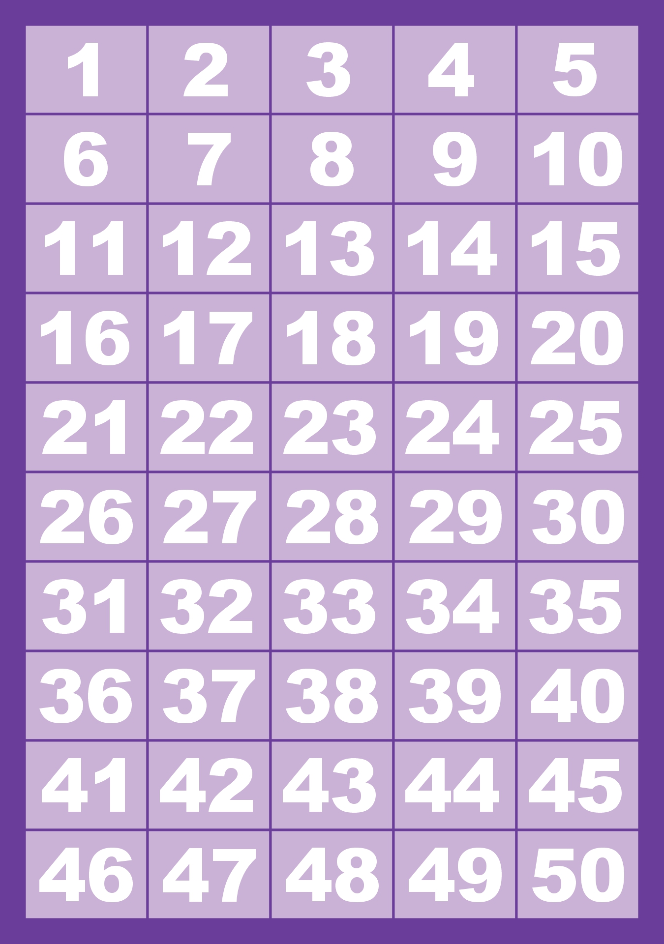 Big Printable Number Chart 1-50 for Classroom Use