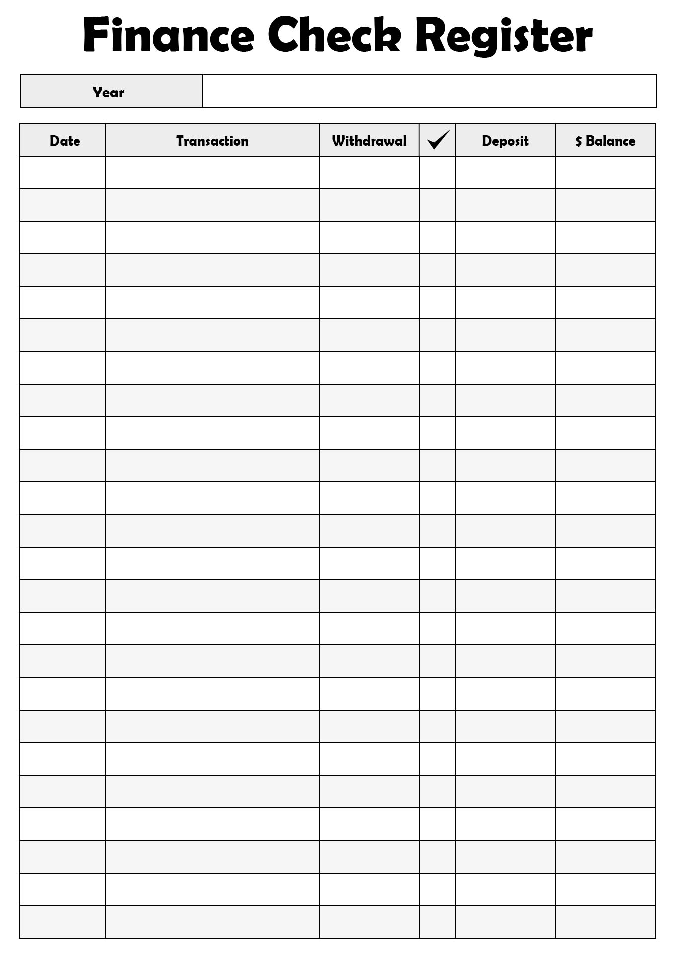 Blank Check Register for Personal Finance