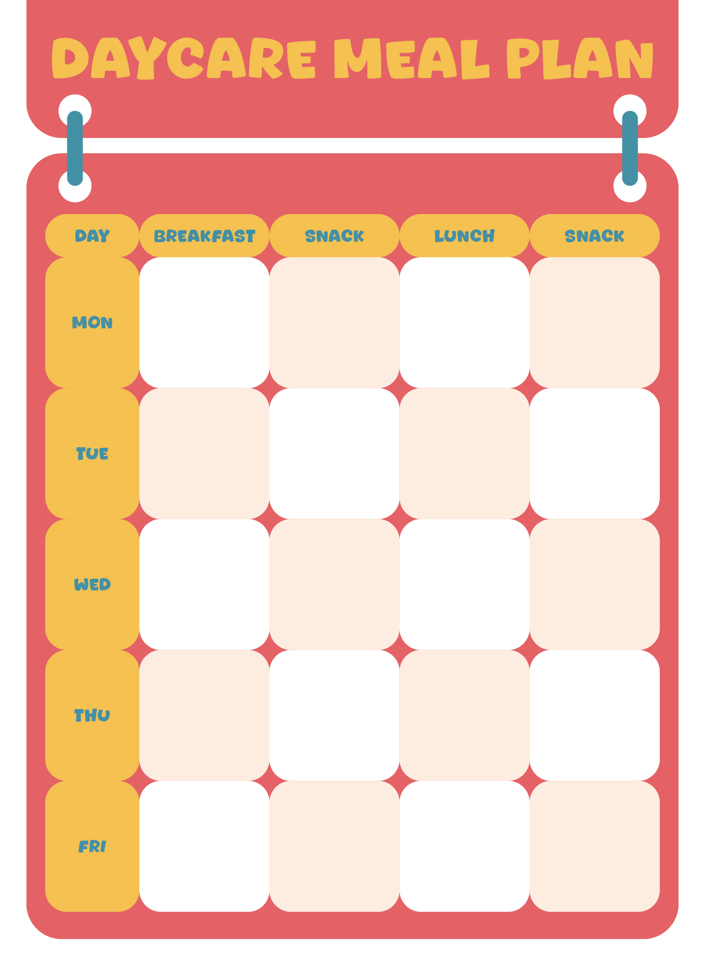 Blank Daycare Meal Plan Sheets