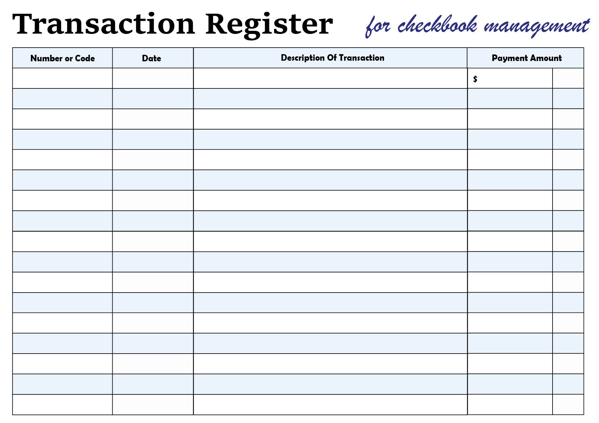 Blank Transaction Register for Checkbook Management