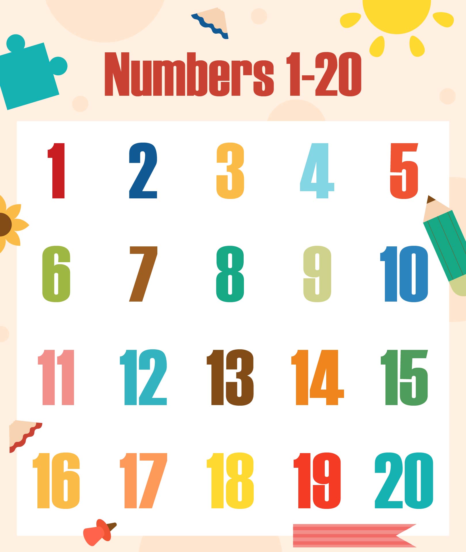 Colorful Numbers 1-20 Printable