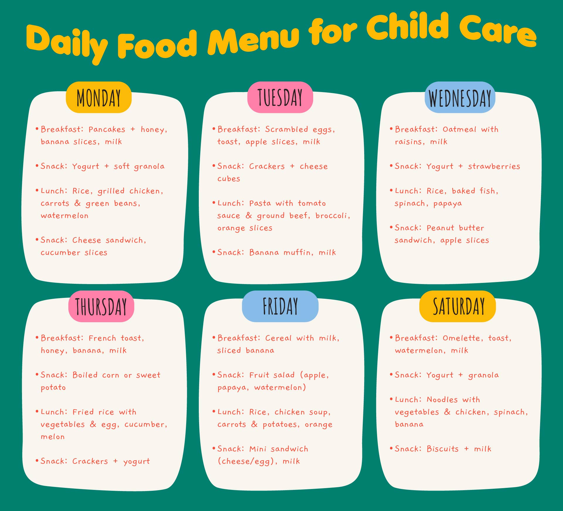 Daily Food Menu for Child Care