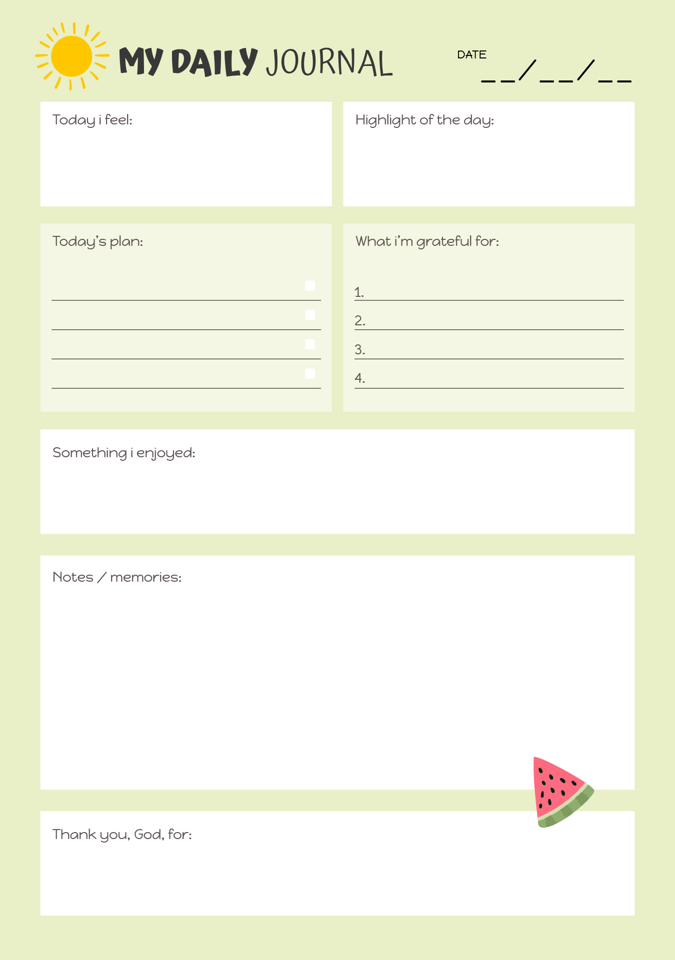 Daily Printable Summer Journal