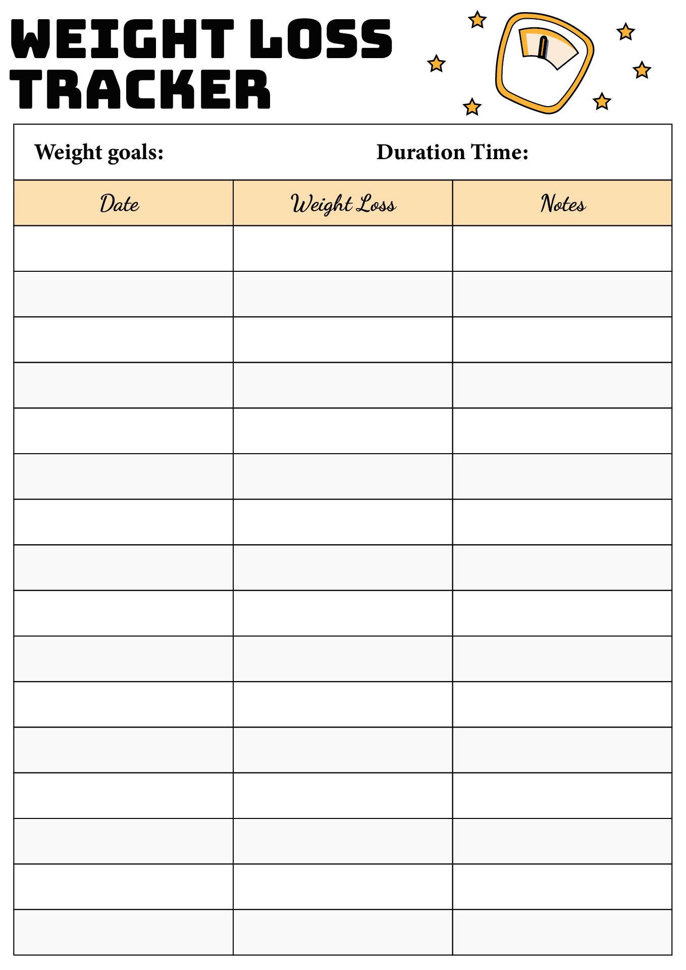 Daily Weight Loss Tracker Chart Printable