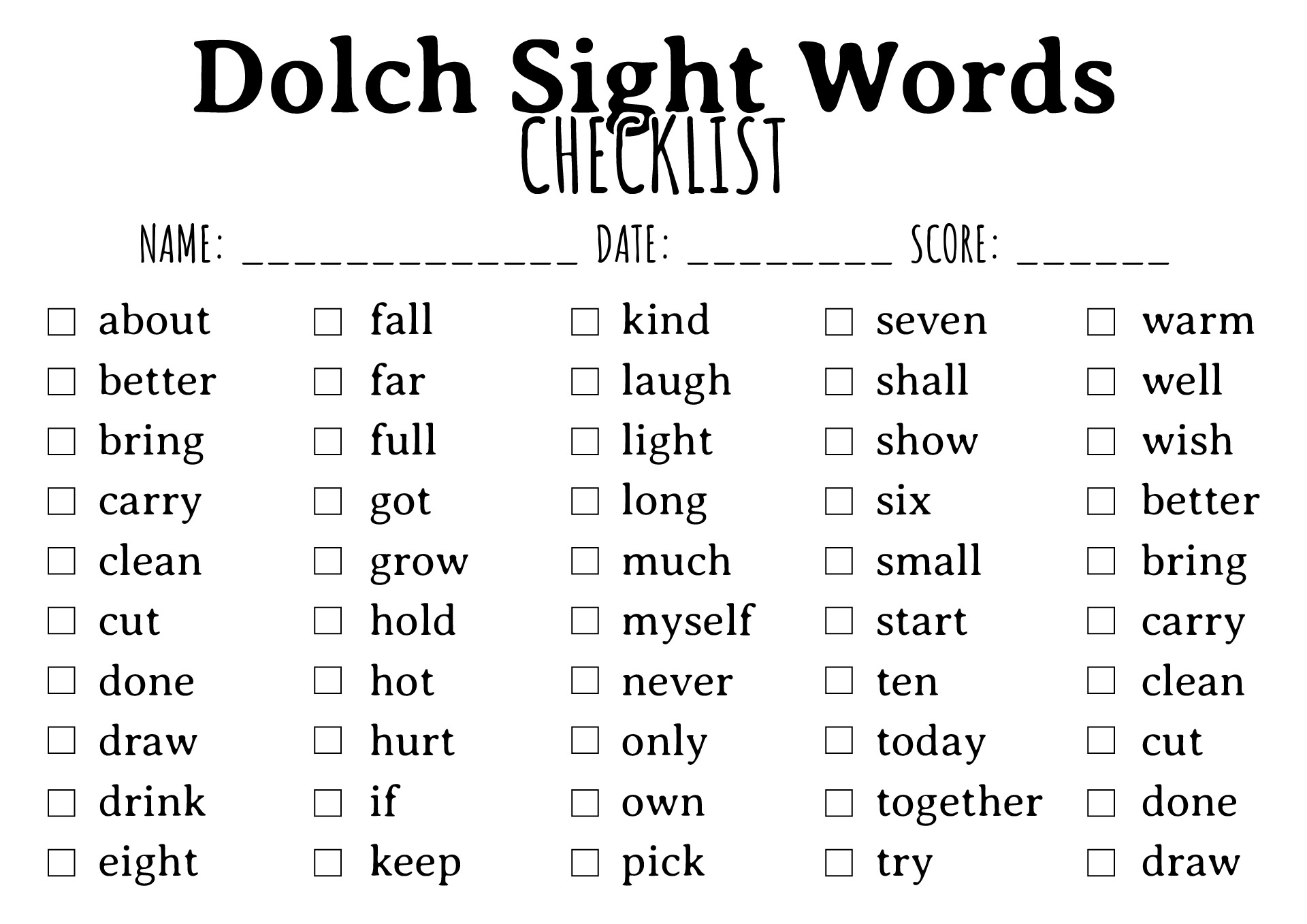 Dolch Sight Words Checklist Printable