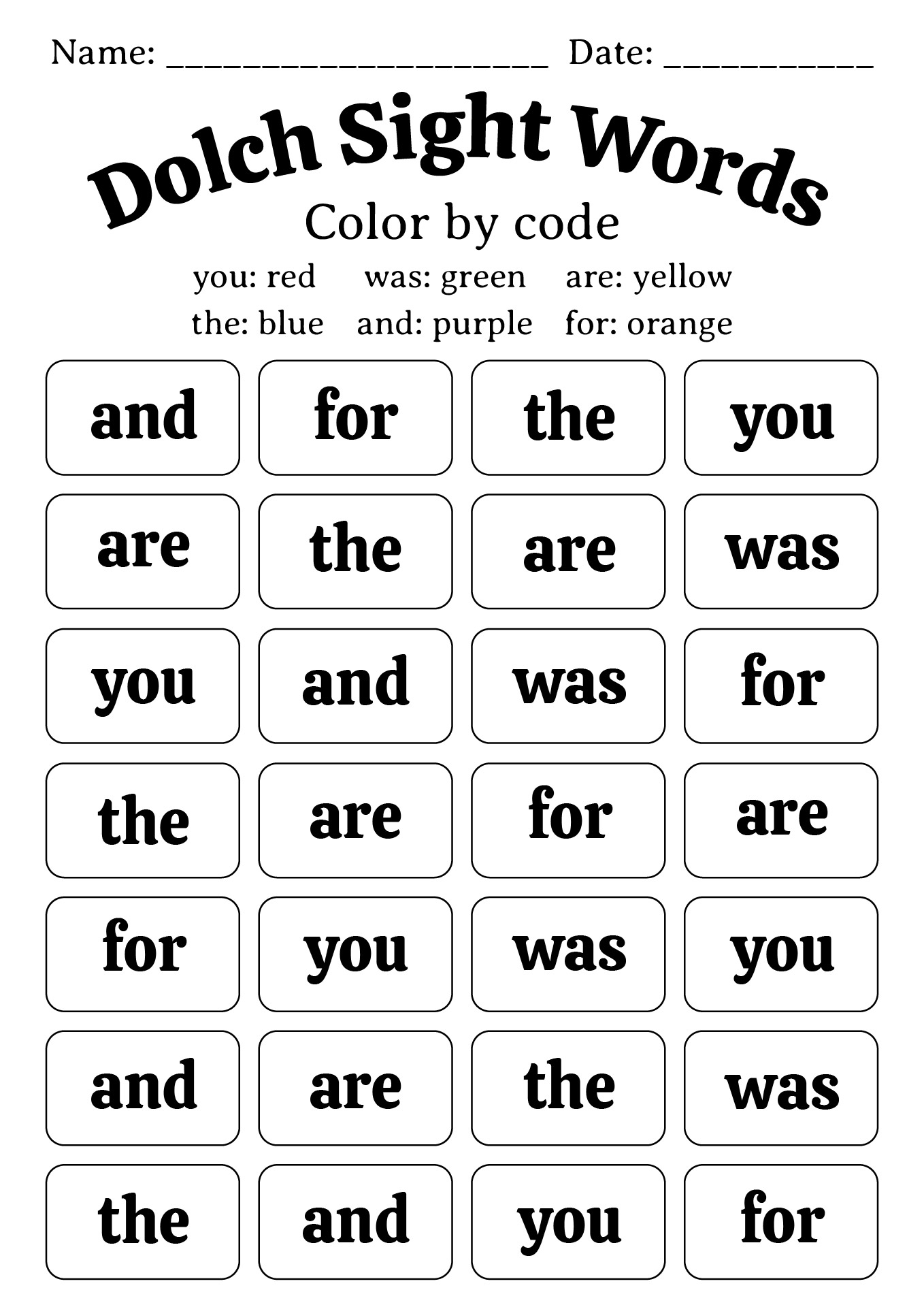 Dolch Sight Words Worksheets Printable