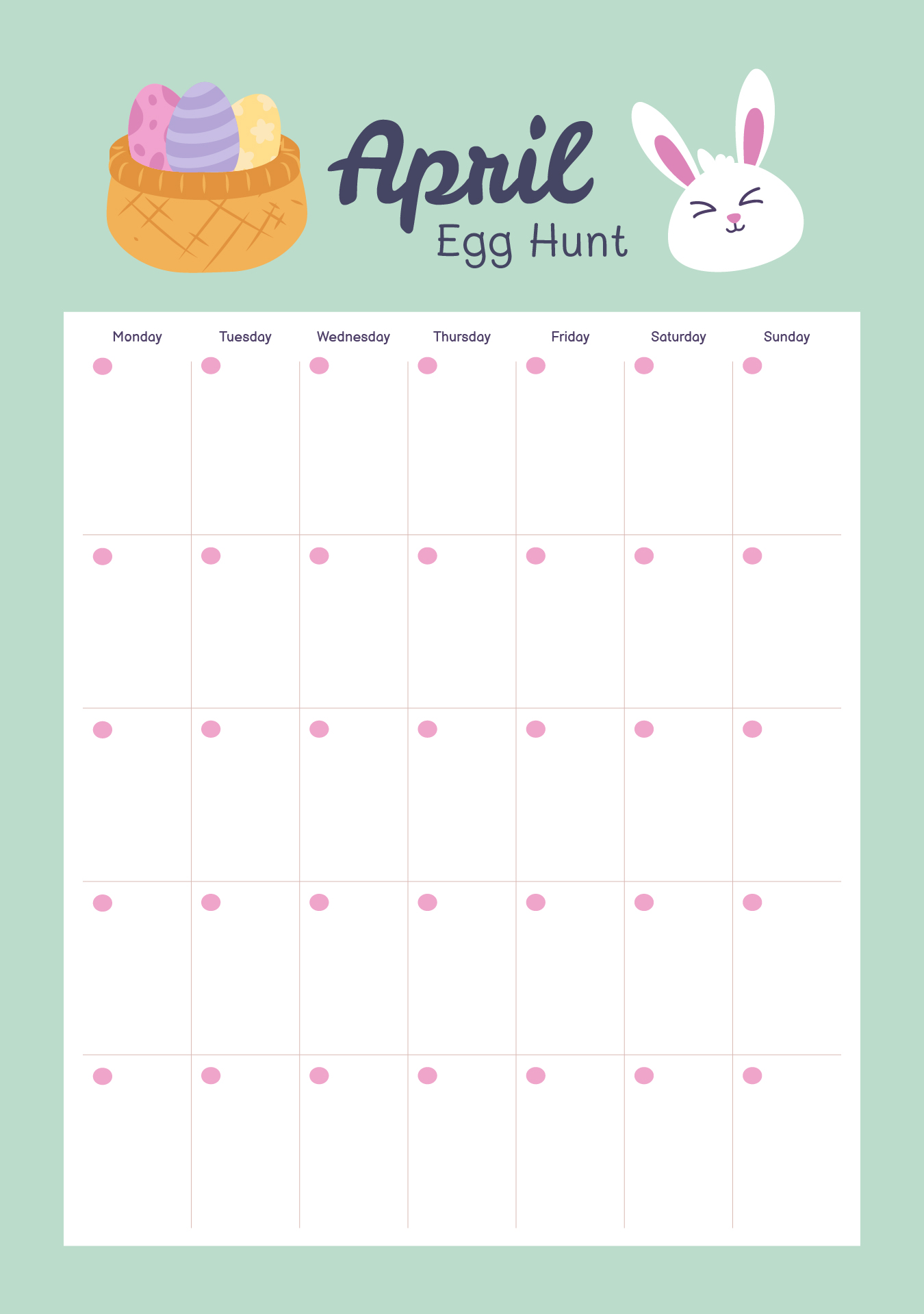 Easter Egg Hunt April Calendar Printable
