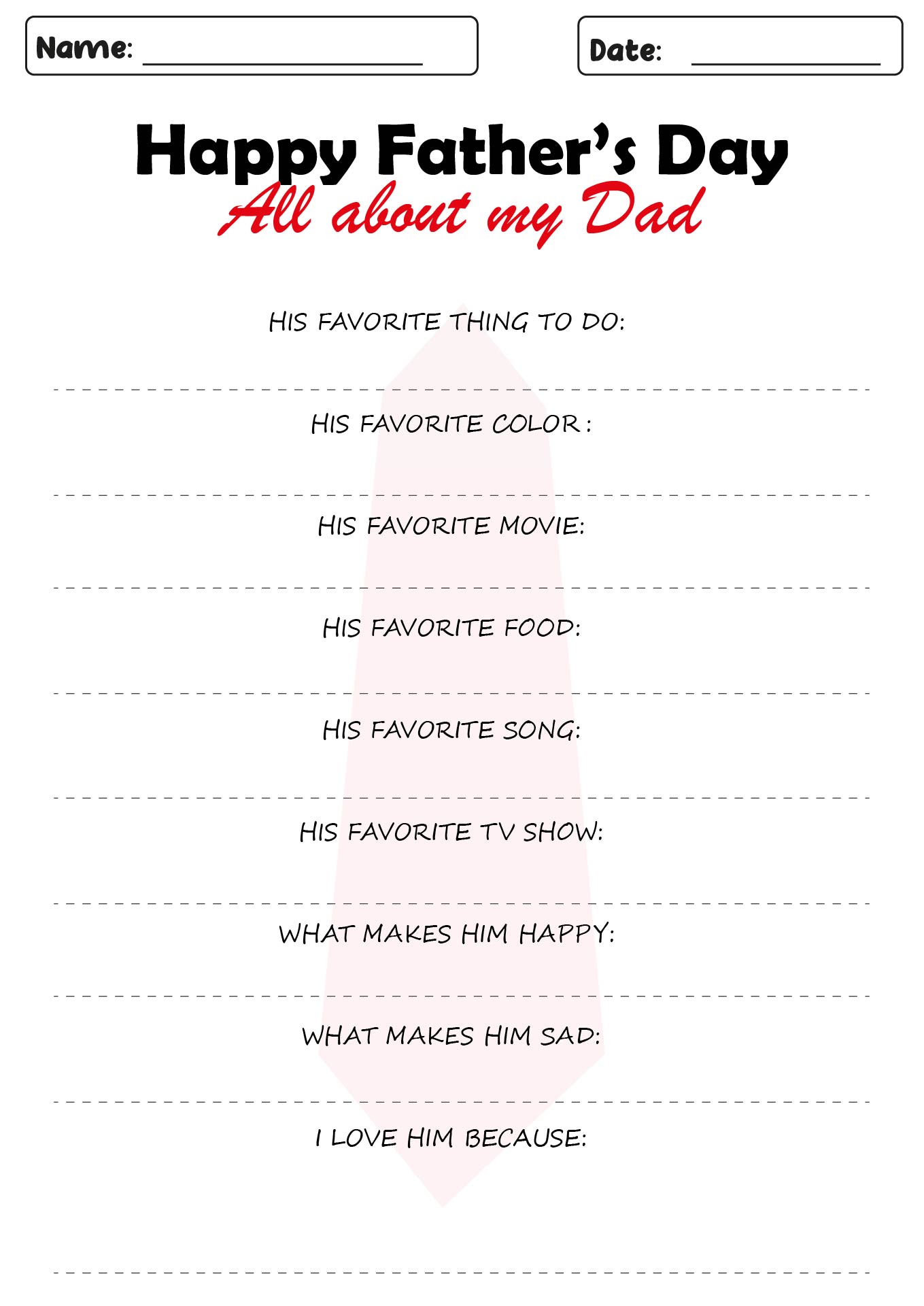 Father’s Day All About My Dad Worksheet