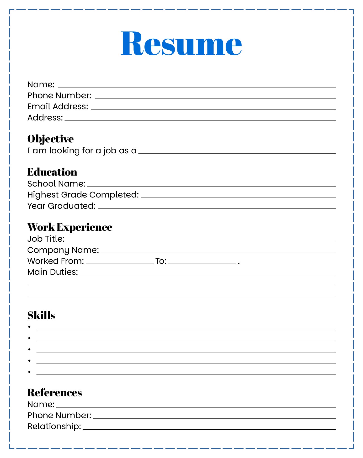 Fill in Blank Printable Basic Resume