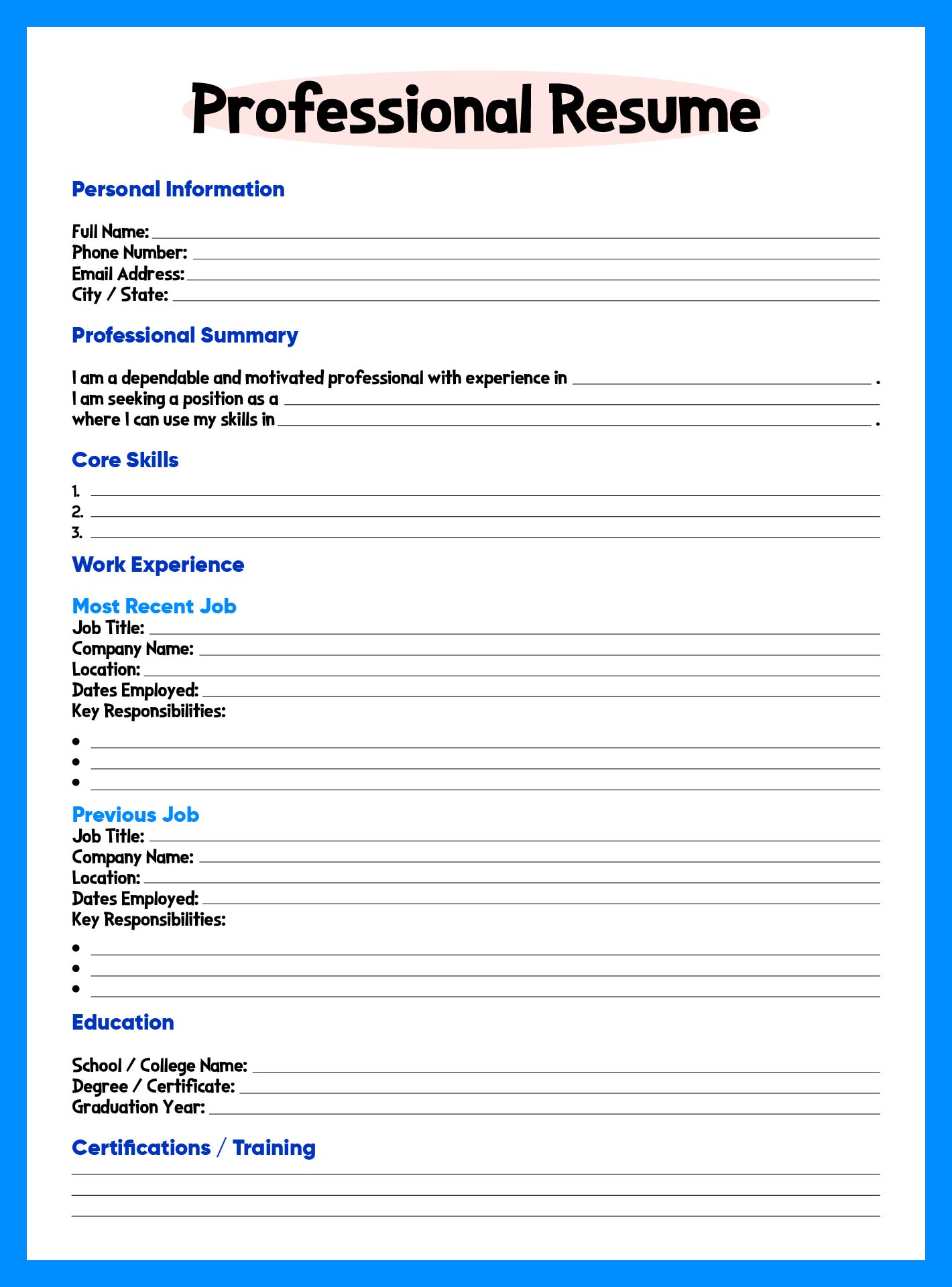 Fill in Blank Printable Professional Resume