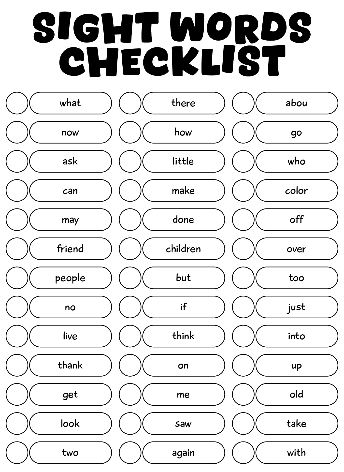 First Grade Sight Words Checklist Printable
