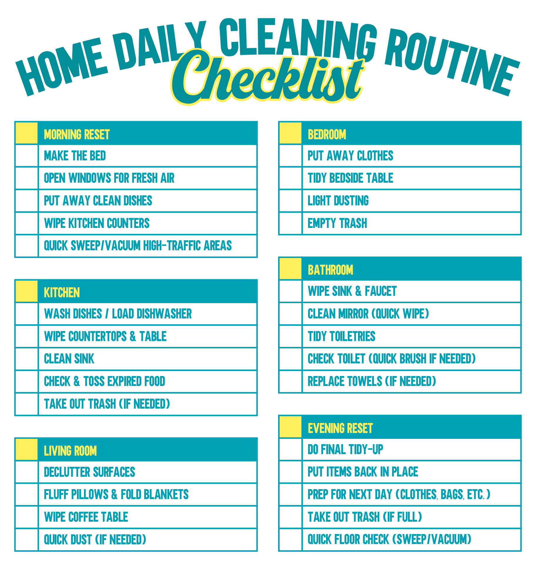 Home Daily Cleaning Routine Checklist Printable