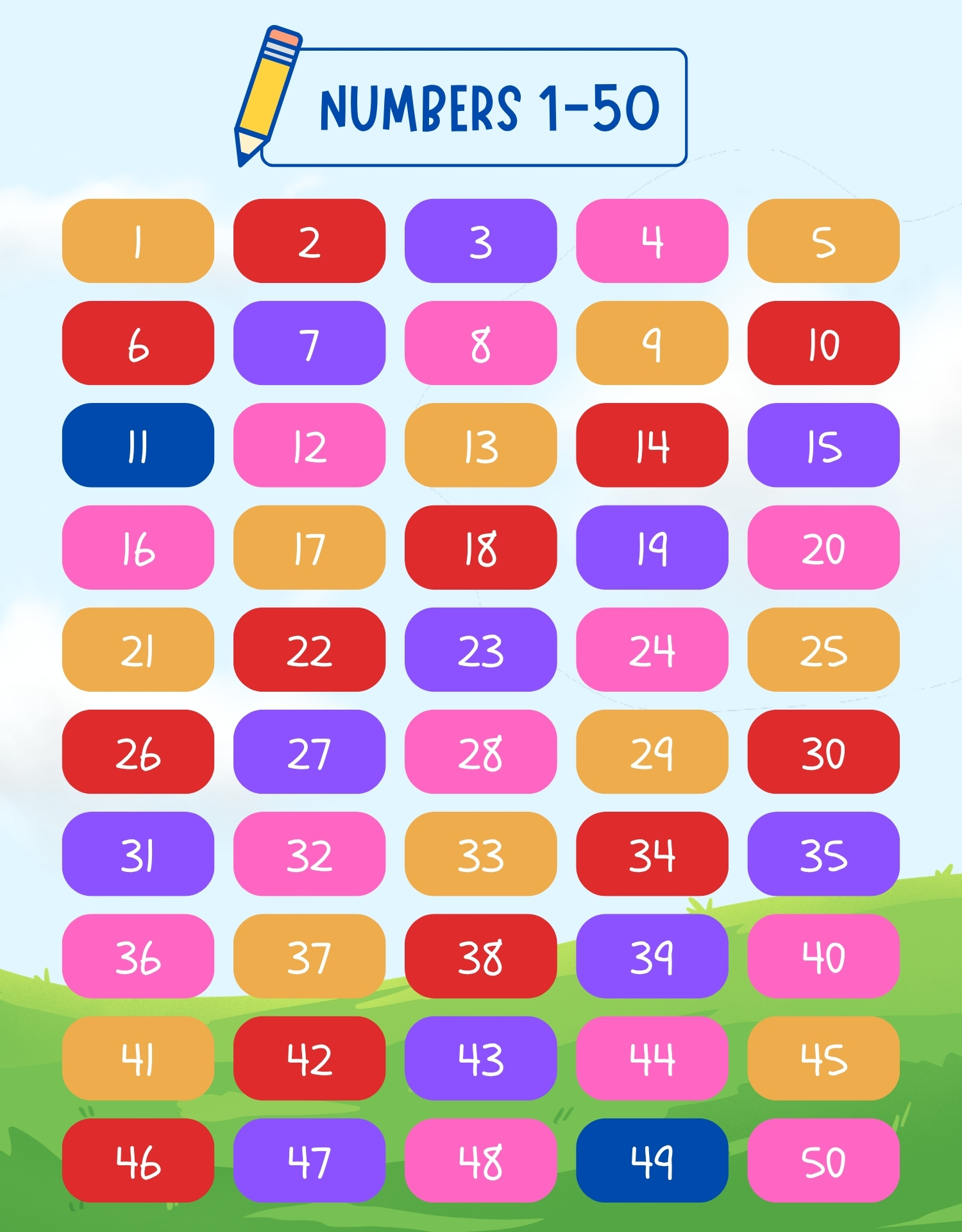 Kids Number Grid 1-50 Printable
