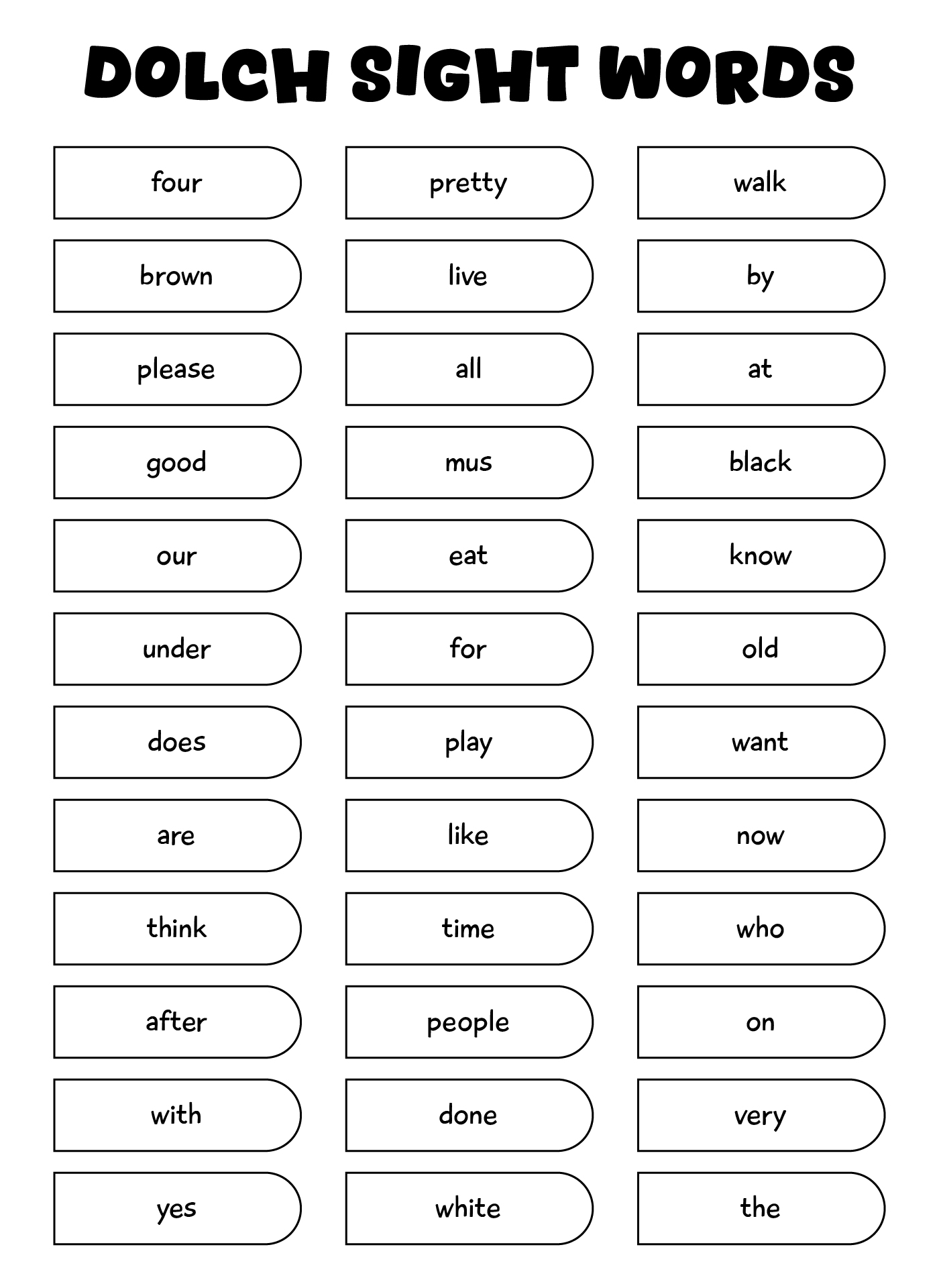 Kindergarten Dolch Sight Words Printable