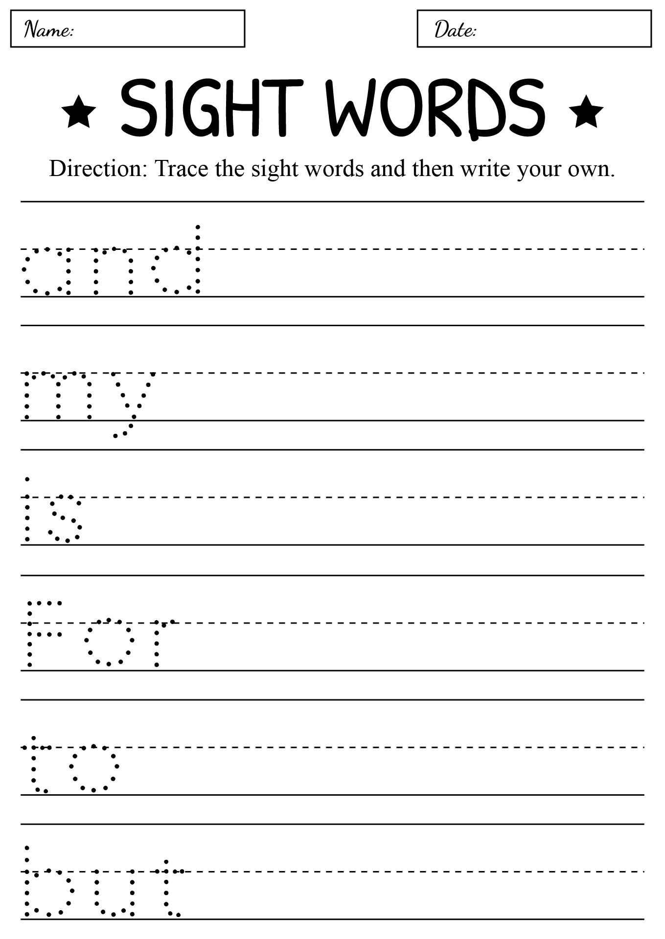 Kindergarten Sight Word Writing Practice Worksheets