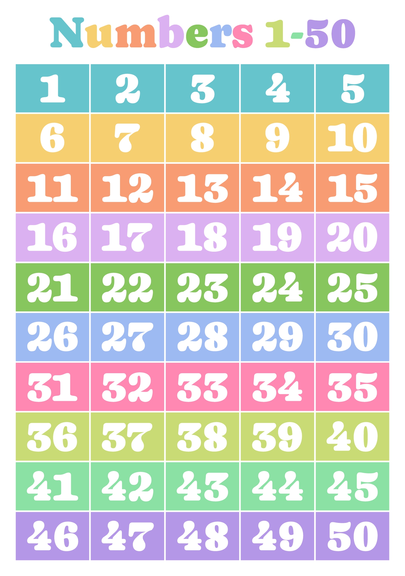 Large Printable Number Chart 1-50 for Kids